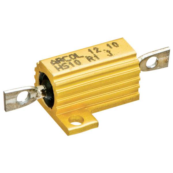 Ein goldfarbener, zylinderförmiger Widerstand mit zwei Metallanschlüssen an den Enden, montiert auf einer gelben Basis.