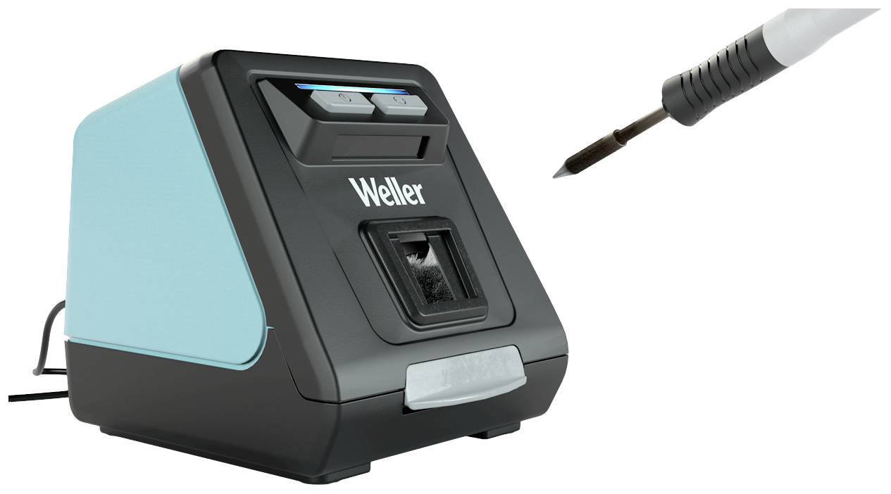 Lötstation mit digitalem Display und angeschlossenem Lötkolben, zeigt Steuerknöpfe und Weller-Logo.