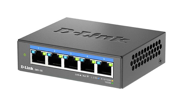 Ein schwarzer Netzwerk-Switch von D-Link mit fünf Ethernet-Ports auf der Vorderseite, geeignet für Heim- oder Büronetzwerke.