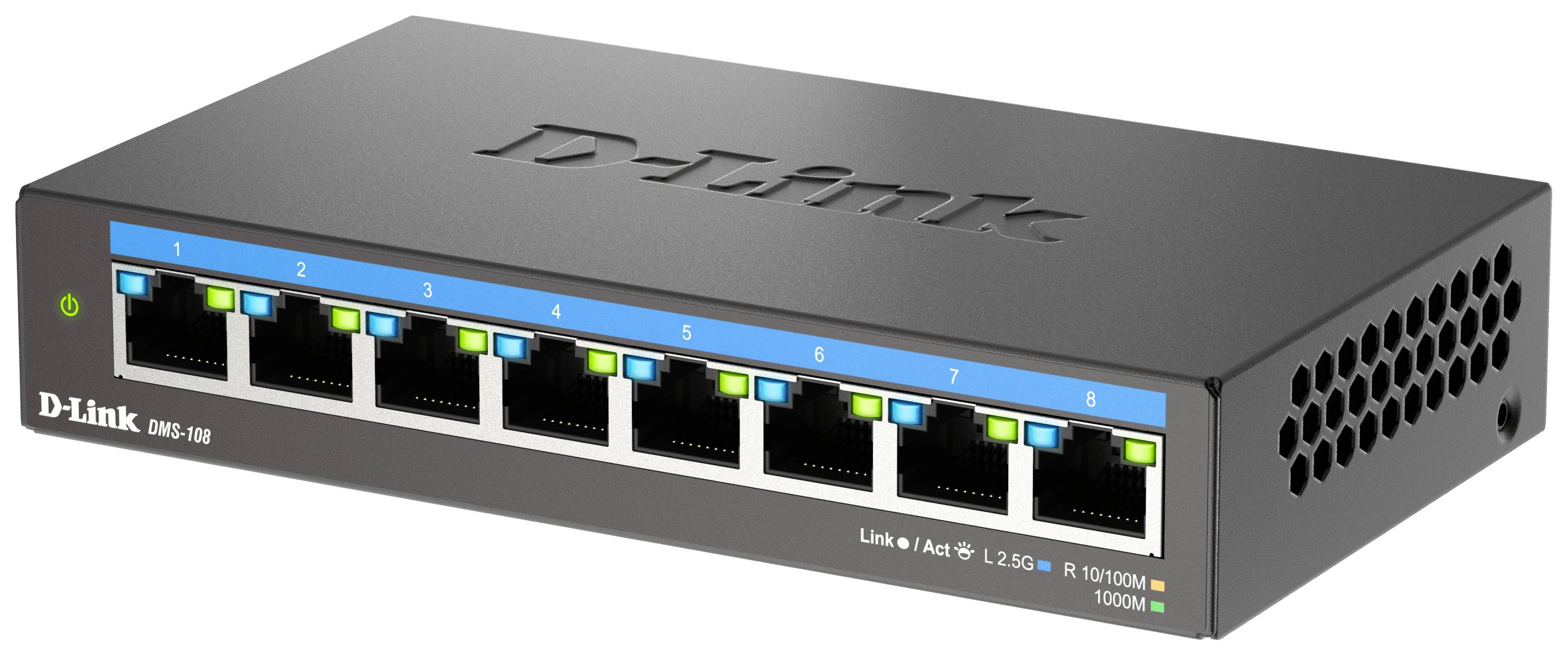 8-Port-Gigabit-Ethernet-Switch von D-Link, Modell DGS-108, mit Status-LEDs für Netzwerkaktivität und Geschwindigkeitsanzeige.