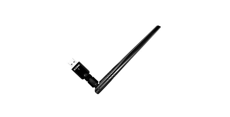 Ein schwarzer USB-WLAN-Adapter mit langer Antenne, diagonal nach oben gerichtet. Gibt Computern drahtlose Netzwerkverbindung.