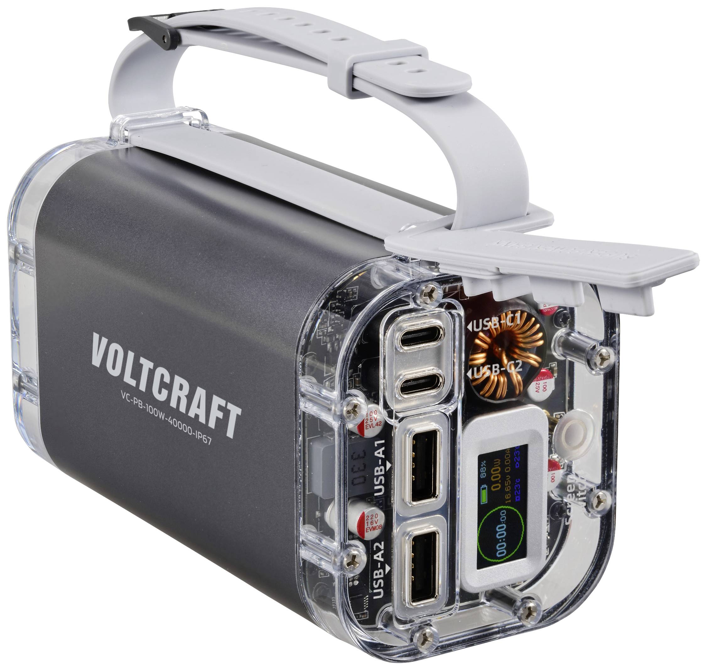 Tragbare Powerbank mit 100Wh Kapazität von Voltcraft, beinhaltet mehrere USB-Anschlüsse und ein kleines Display zur Energieanzeige.
