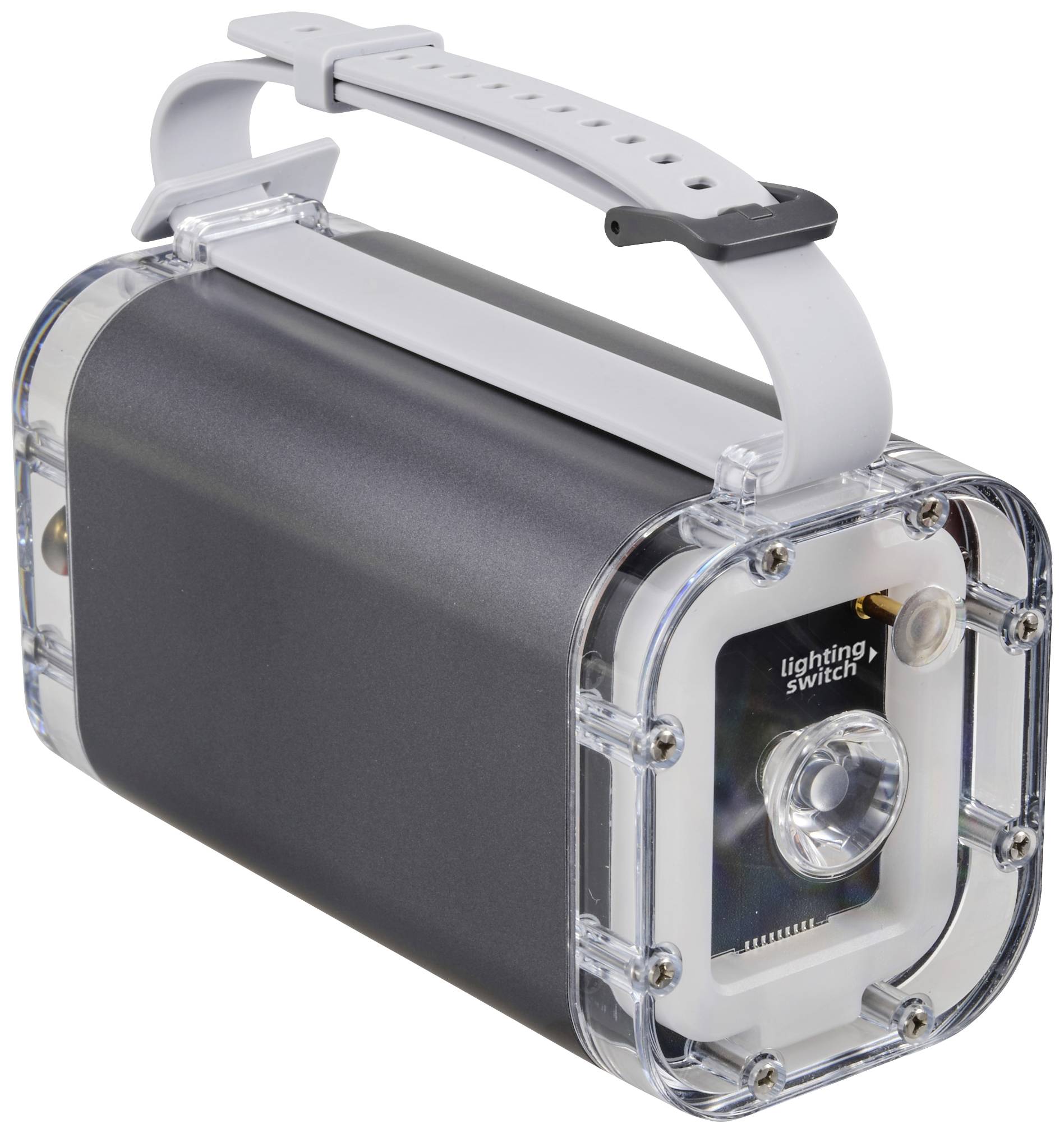 Tragbare graue LED-Lampe mit Griff und transparentem Gehäuse. Enthält einen Schalter zum Anpassen der Lichtintensität.