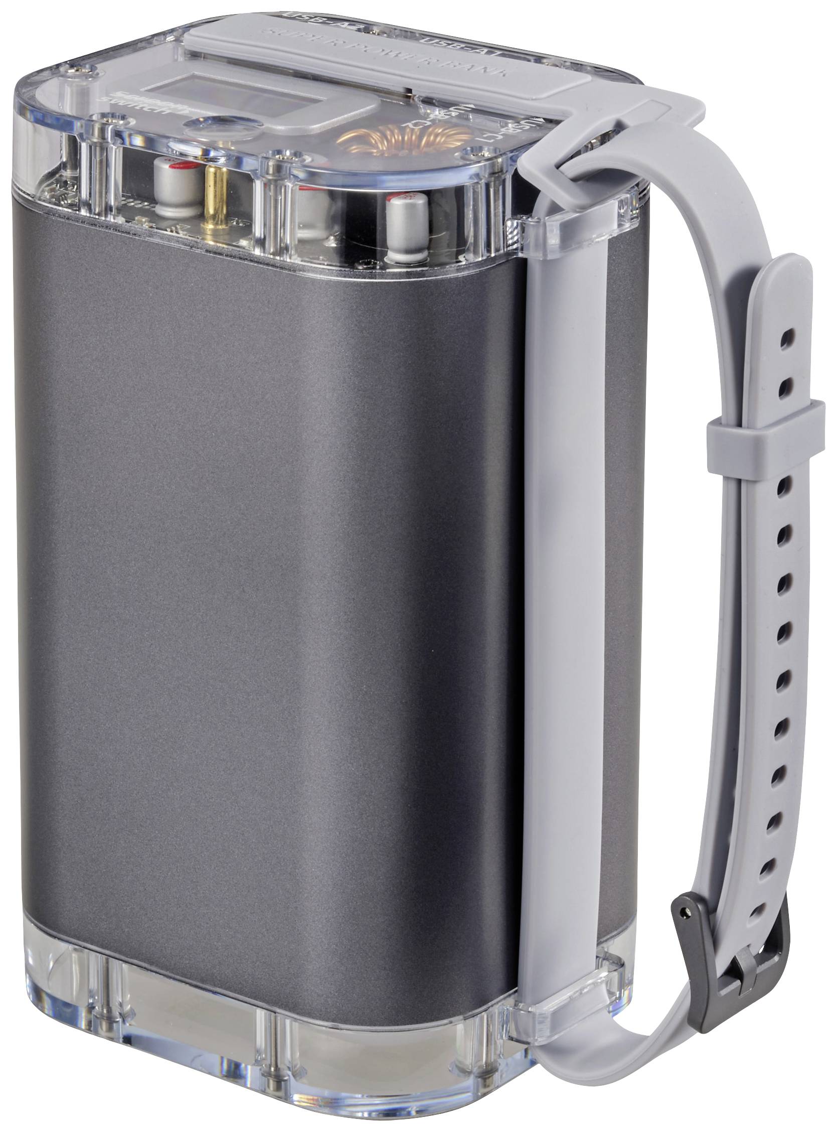 Tragbare, graue Powerbank mit transparenten Ober- und Unterseiten und einem seitlichen Gummiband zum einfachen Tragen oder Befestigen.