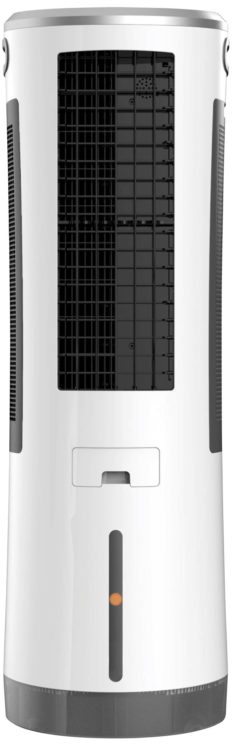 Weißer, vertikaler Turmventilator mit schwarzem Gitter an der Vorderseite und Kontrollleuchte unten. Geeignet für die Kühlung von Räumen.
