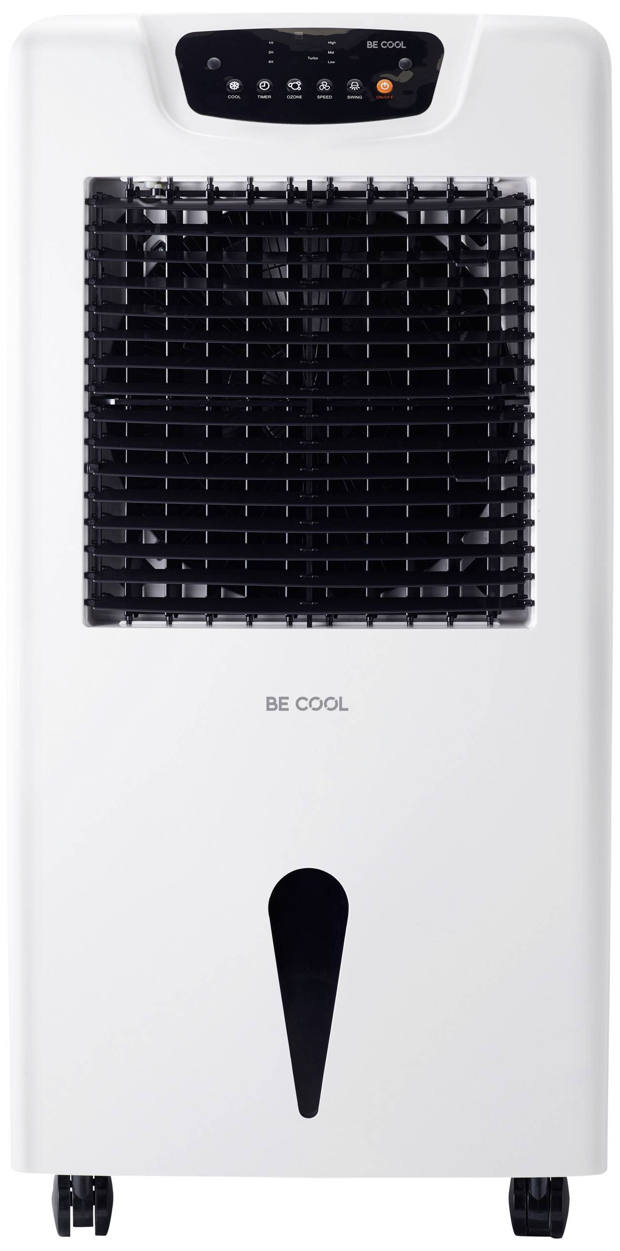 'Be Cool' Luftkühler, weiß, mit Bedienfeld oben und Lüftungsgitter vorne. Mobil auf Rollfüßen.