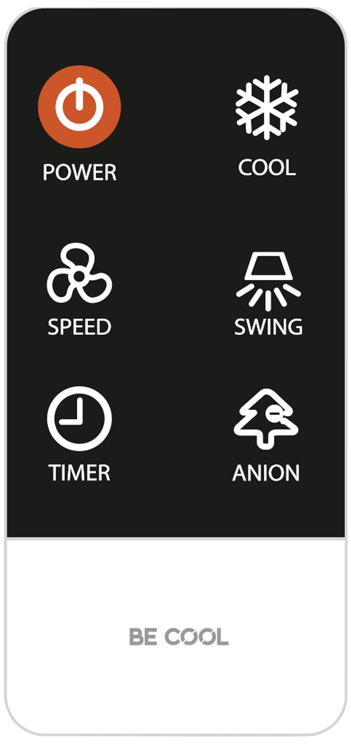 Schwarze Fernbedienung mit Symbolen: 'POWER' (rot), Schneeflocke 'COOL', Ventilator 'SPEED', Luftstrom 'SWING', Uhr 'TIMER', Baum 'ANION'. Unten Text: 'BE COOL'.