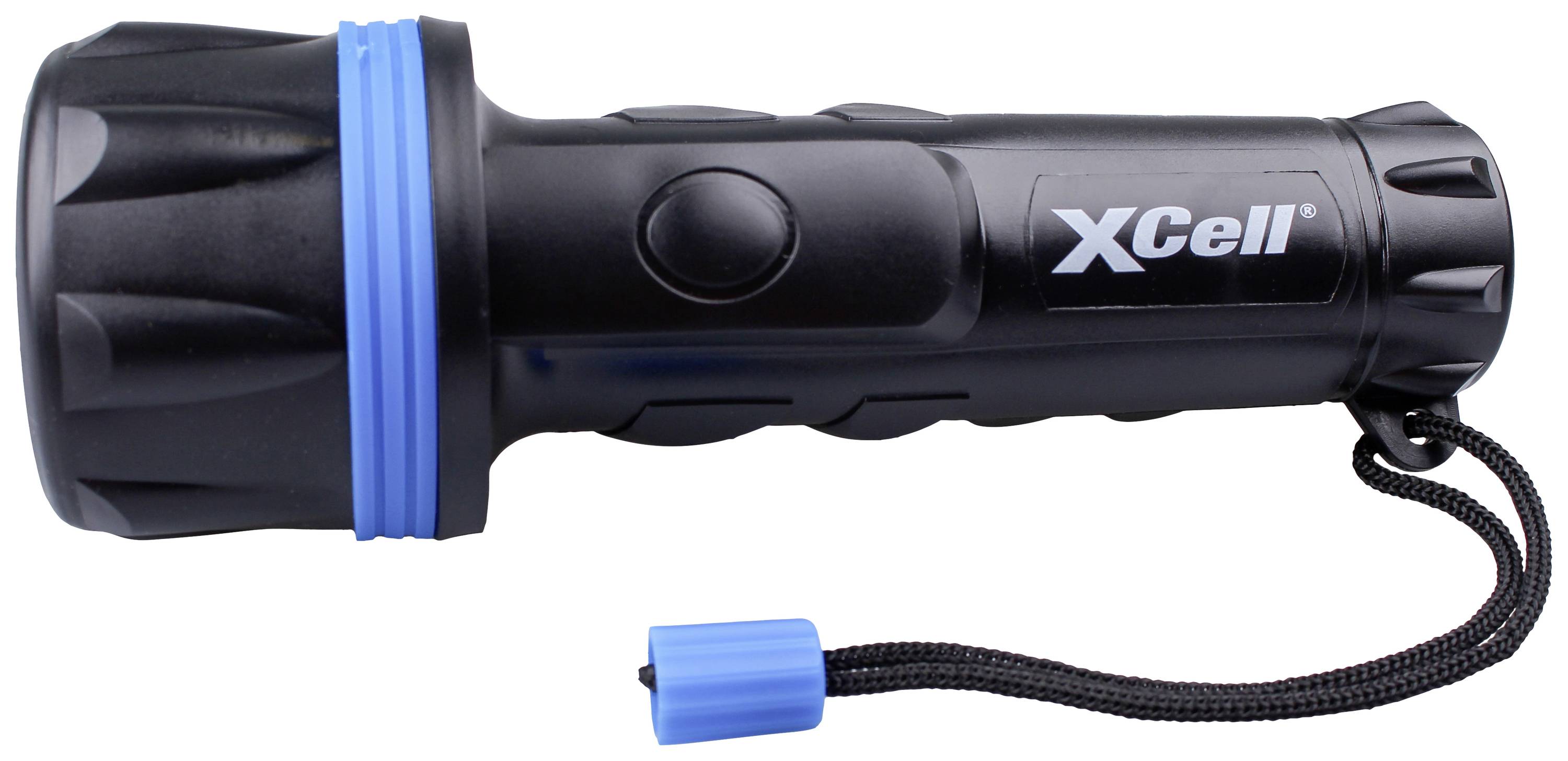 Schwarze Taschenlampe mit blauem Ring und Schlaufe. Markierung 'XCell' an der Seite. Eignet sich zum Beleuchten von dunklen Umgebungen.