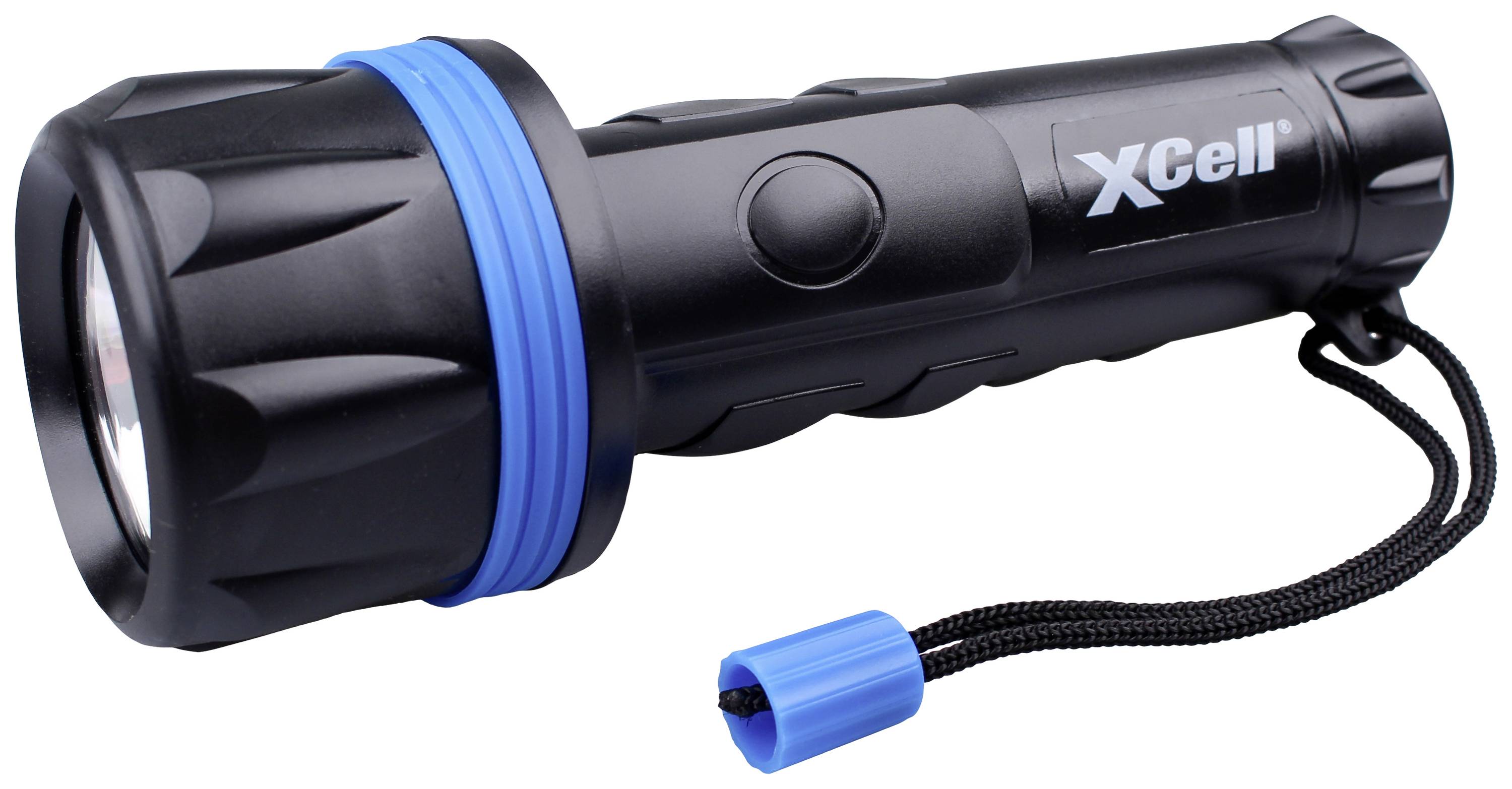 Schwarze Taschenlampe mit blauer Umrandung am vorderen Teil und einer blauen Schlaufe am Ende.