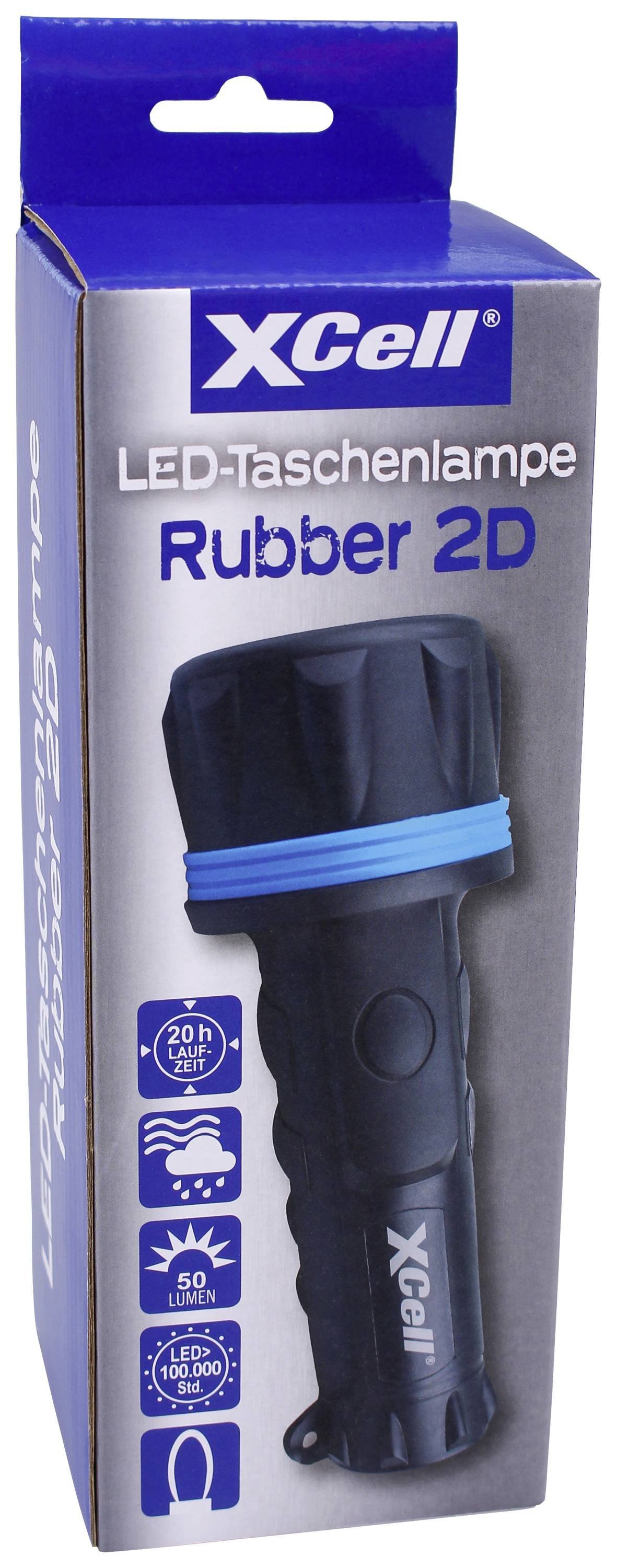 LED-Taschenlampe in ihrer Verpackung; markiert mit 'XCell' und 'Rubber 2D'. Betont 20 Stunden Betriebszeit und 50 Lumen Leuchtkraft.