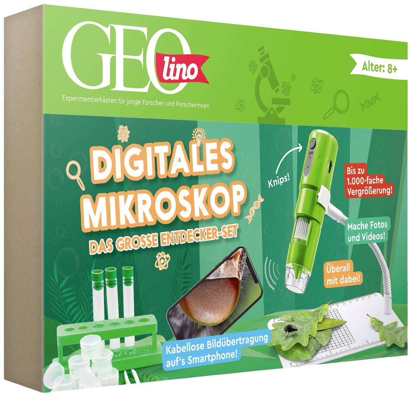 Digitale Mikroskop-Box, geeignet für Kinder ab 8 Jahren, mit Zubehör zur kabellosen Foto- und Videoaufnahme per Smartphone.