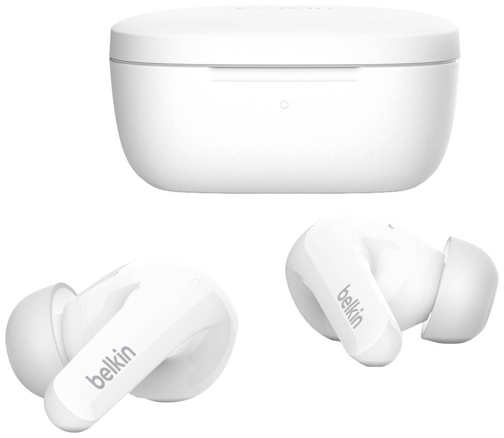 Belkin SoundForm Flow In Ear Headset Bluetooth® Weiß Noise Cancelling Headset, Ladecase, Schweißresistent