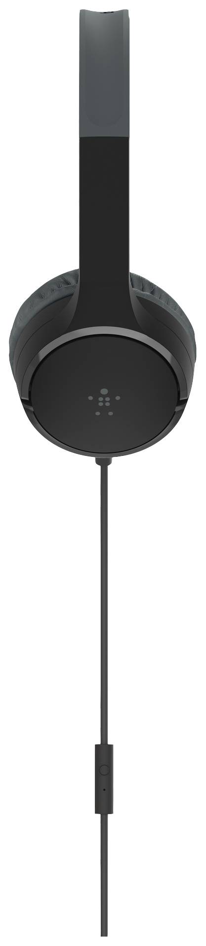 Schwarze, kabelgebundene Over-Ear-Kopfhörer mit Bügel und integriertem Mikrofon am Kabel.