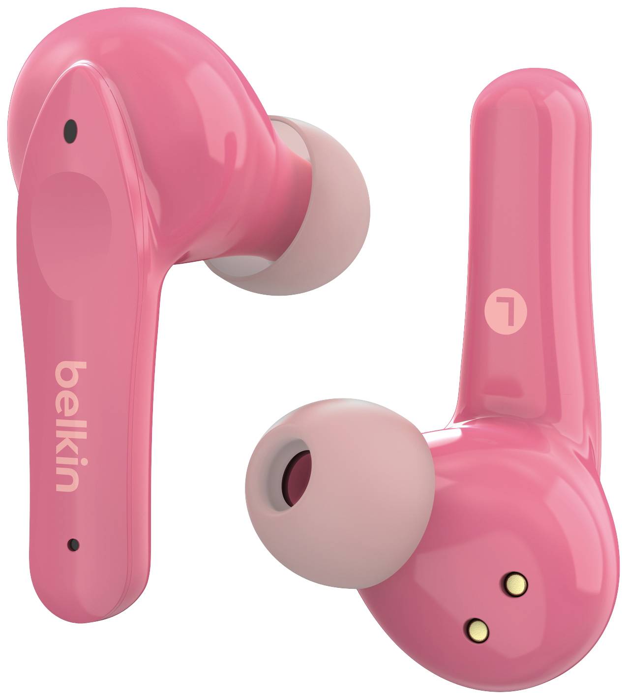 Zwei pinkfarbene kabellose In-Ear-Kopfhörer, einer zeigt das Belkin-Logo.