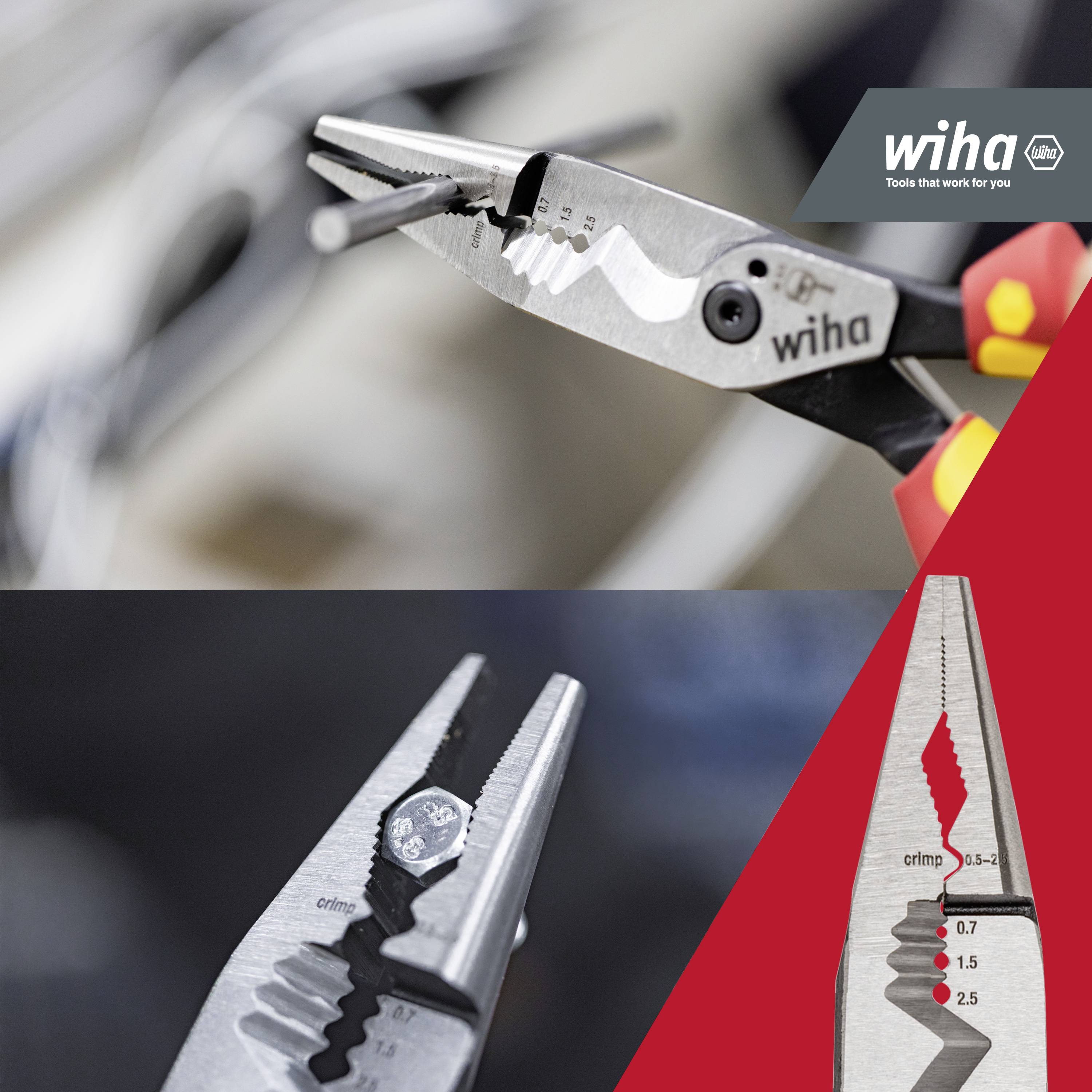 Zange mit Schraubenhalterung von Wiha für präzises Arbeiten gezeigt. Markenlogo oben rechts, Fokus auf innovative Zangenstruktur.