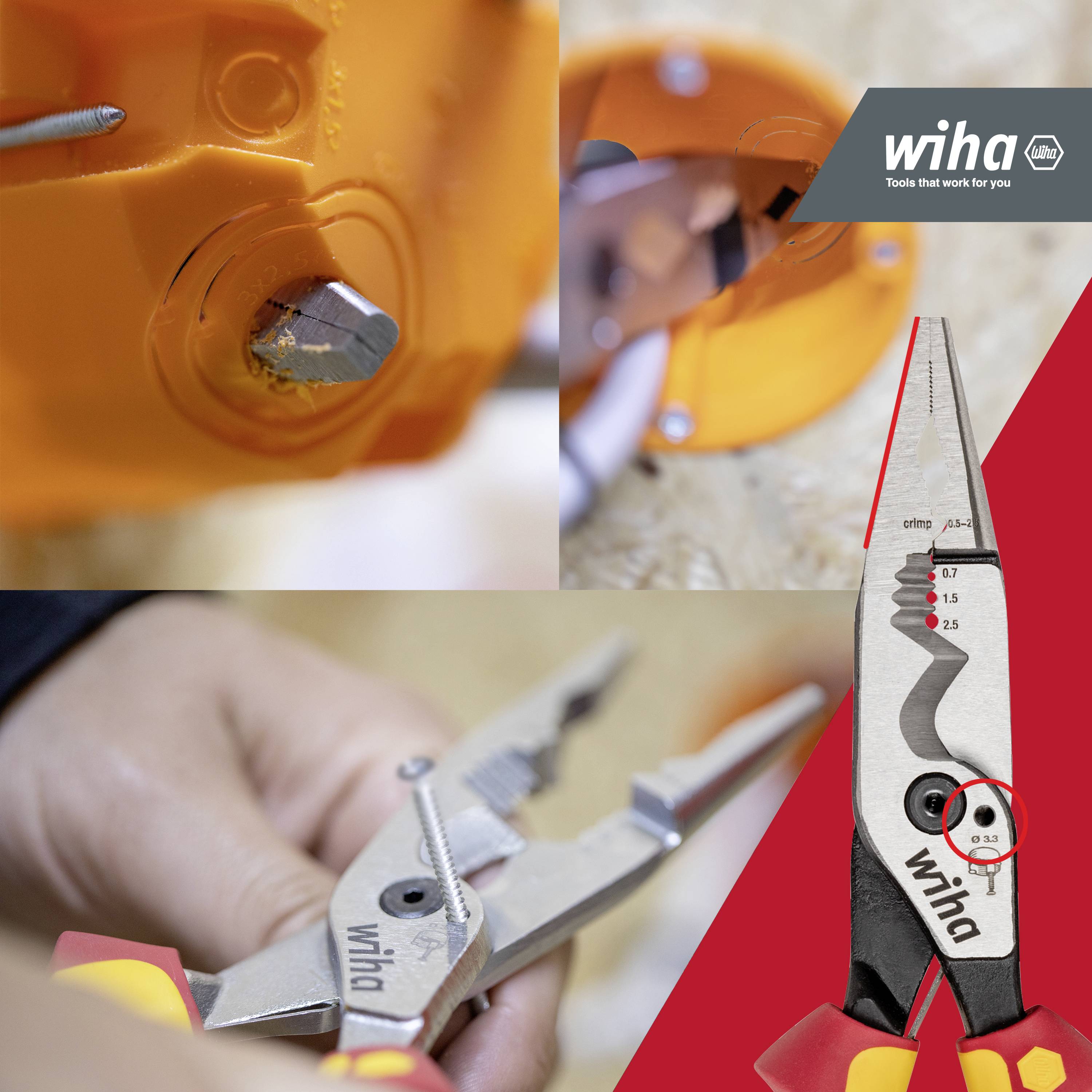 Verschiedene rote Wiha-Zangen in Nahaufnahme und Anwendung. Oben rechts das Logo 'wiha' mit Slogan 'Tools that work for you'.