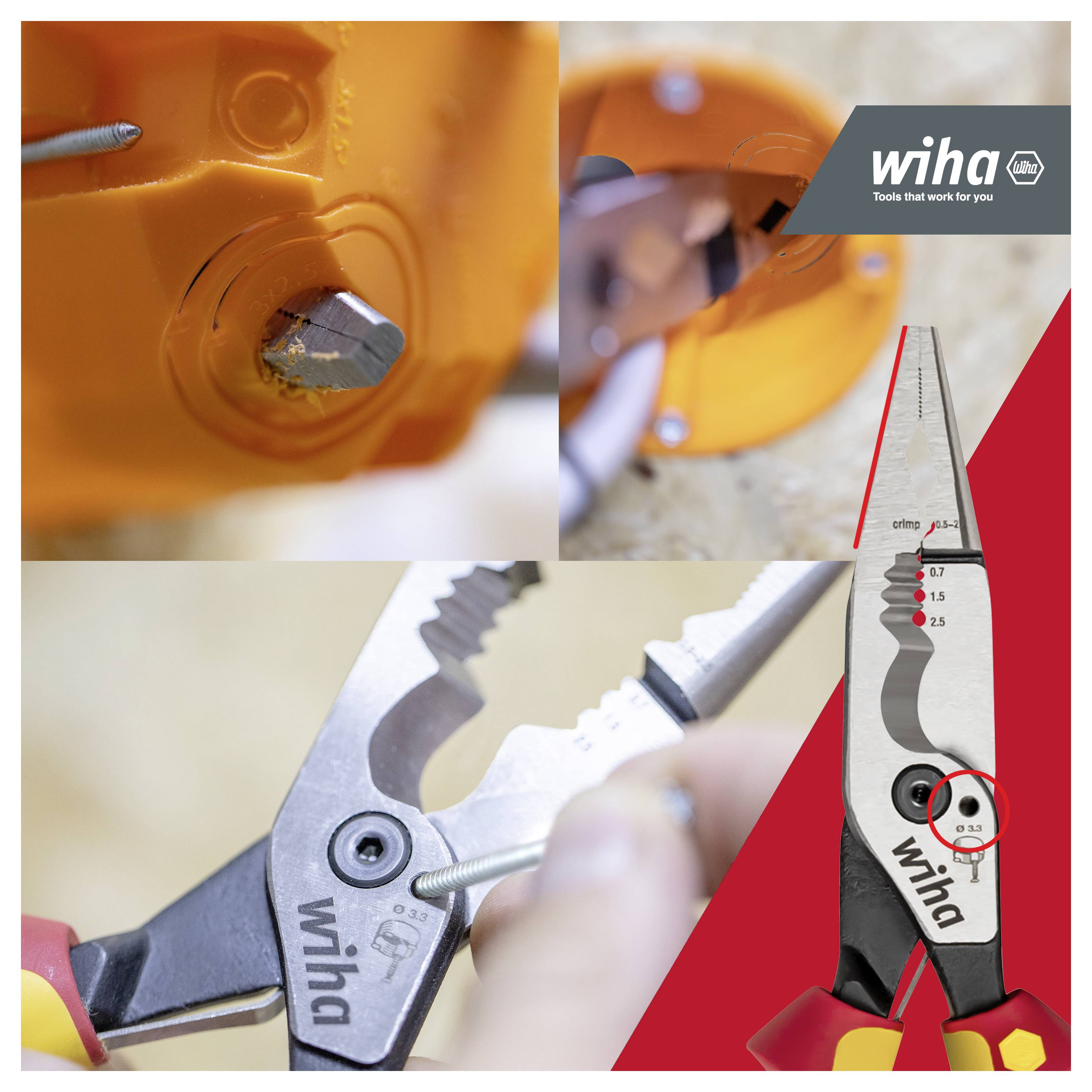 Collage mit Wiha-Zangen, die verwendet werden, um eine kleine Schraube in einem orangen elektrischen Bauteil zu greifen und einzustellen, mit Nahaufnahmen des Werkzeugs und der Backenmarkierungen.