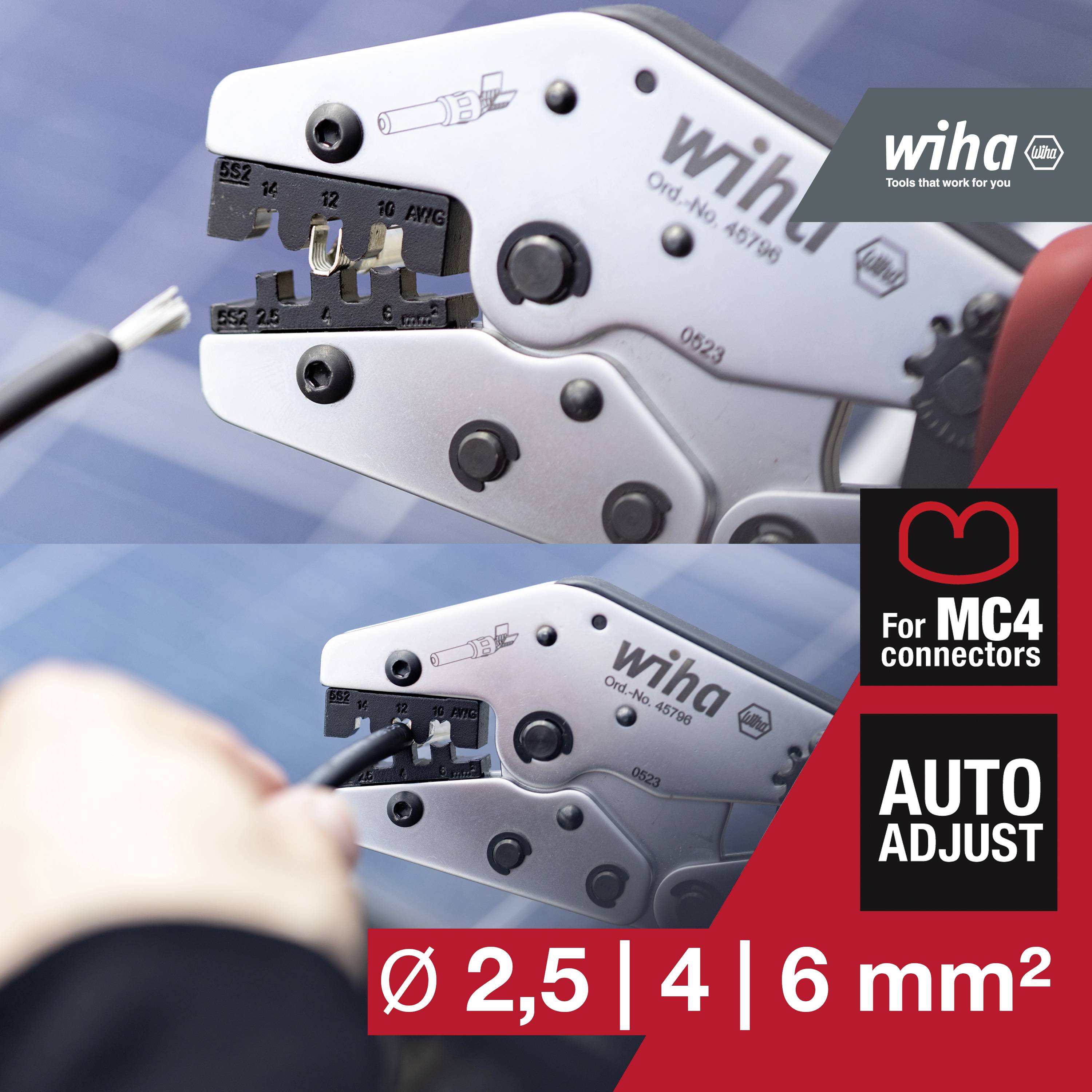 Abbildung zeigt eine Wiha Crimpzange für MC4-Steckverbinder, optimal für Kabelquerschnitte von Ø 2,5, 4, und 6 mm², mit Auto-Adjust-Funktion.