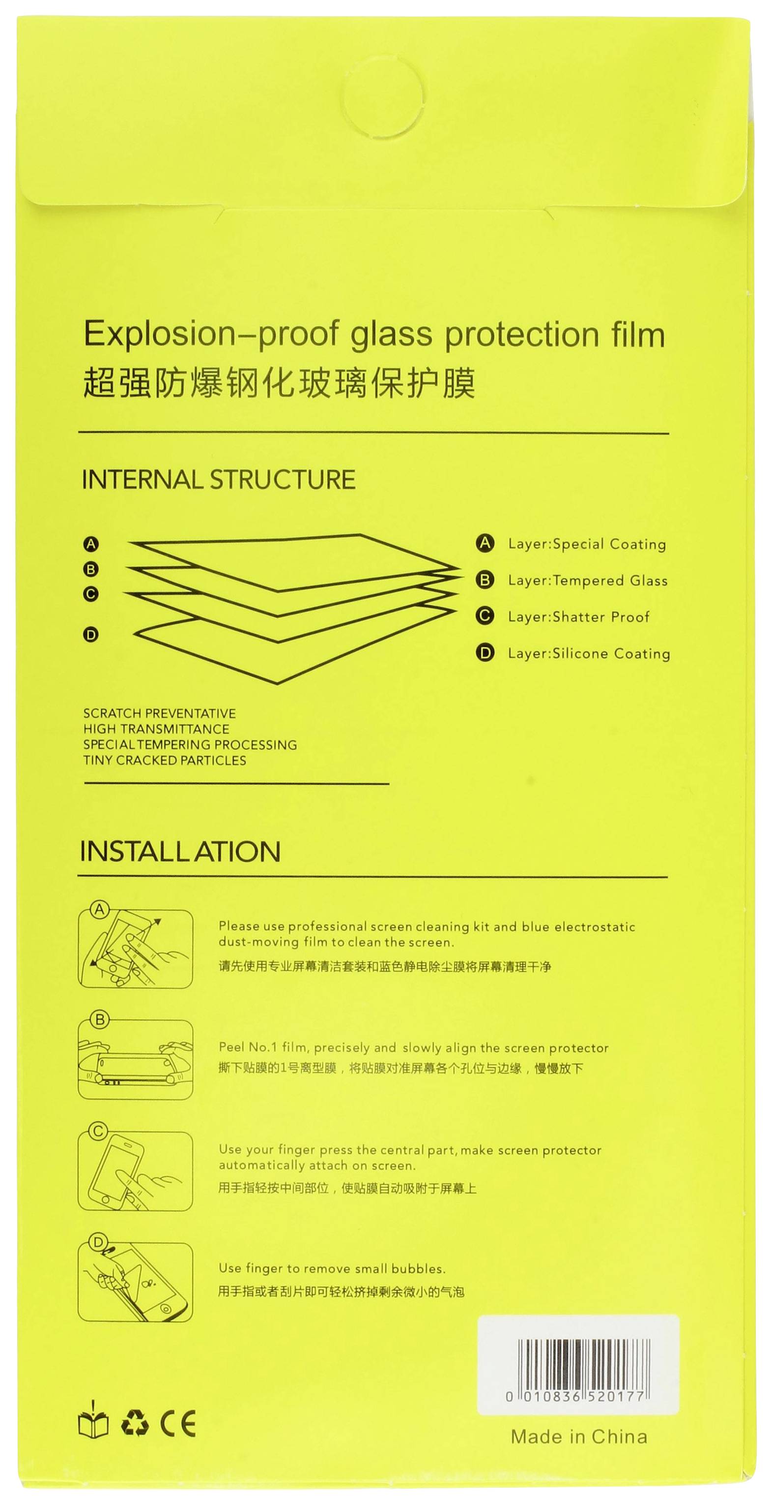Schutzfolieverpackung mit Details: 'Explosion-proof glass protection film', Schichtenaufbau und Installationsanleitung auf Englisch und Chinesisch.