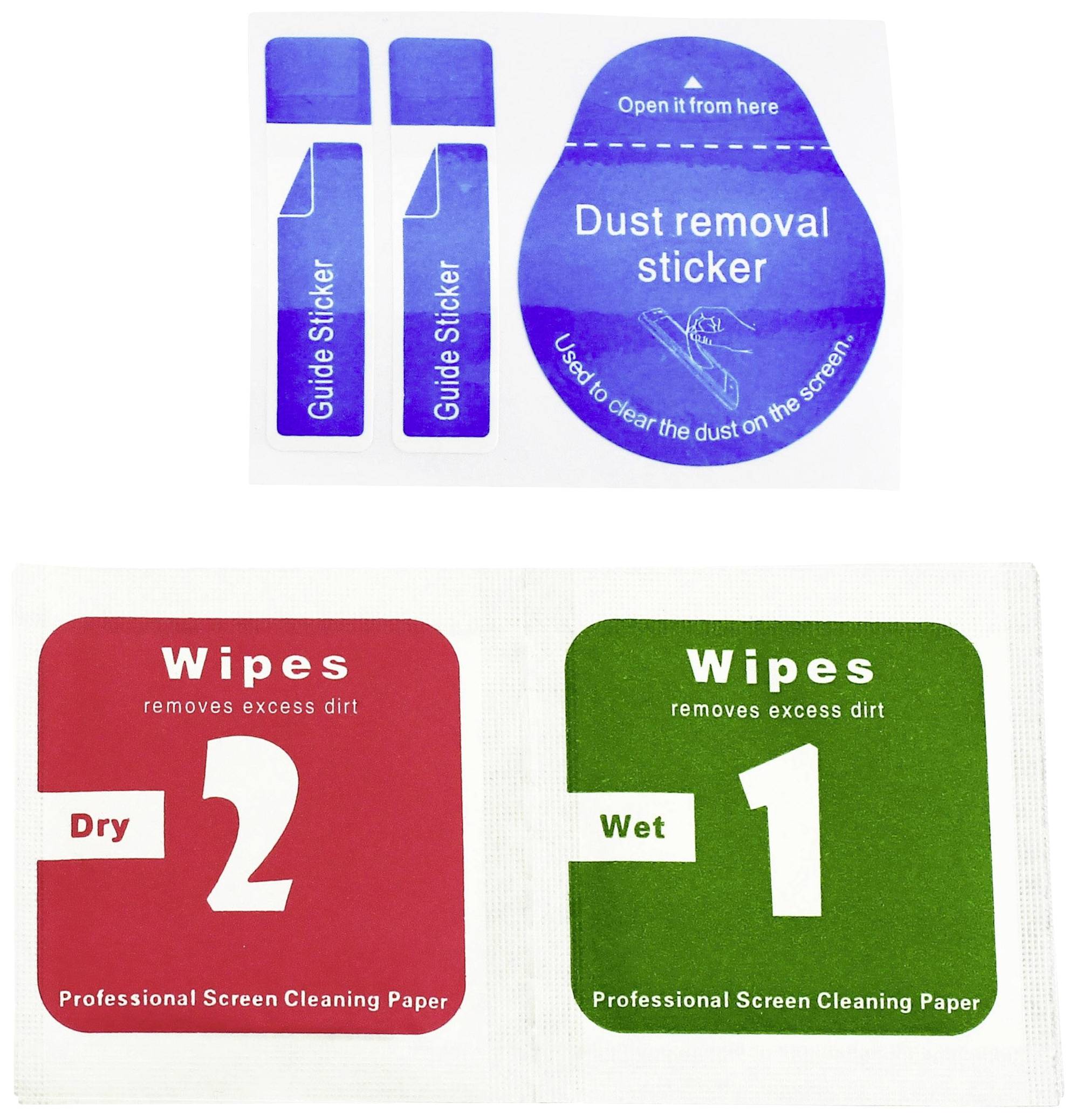 'Dust removal sticker' und 'Guide Sticker' Aufkleber oben; unten zwei Reinigungstücher: 'Dry 2' in Rot und 'Wet 1' in Grün.