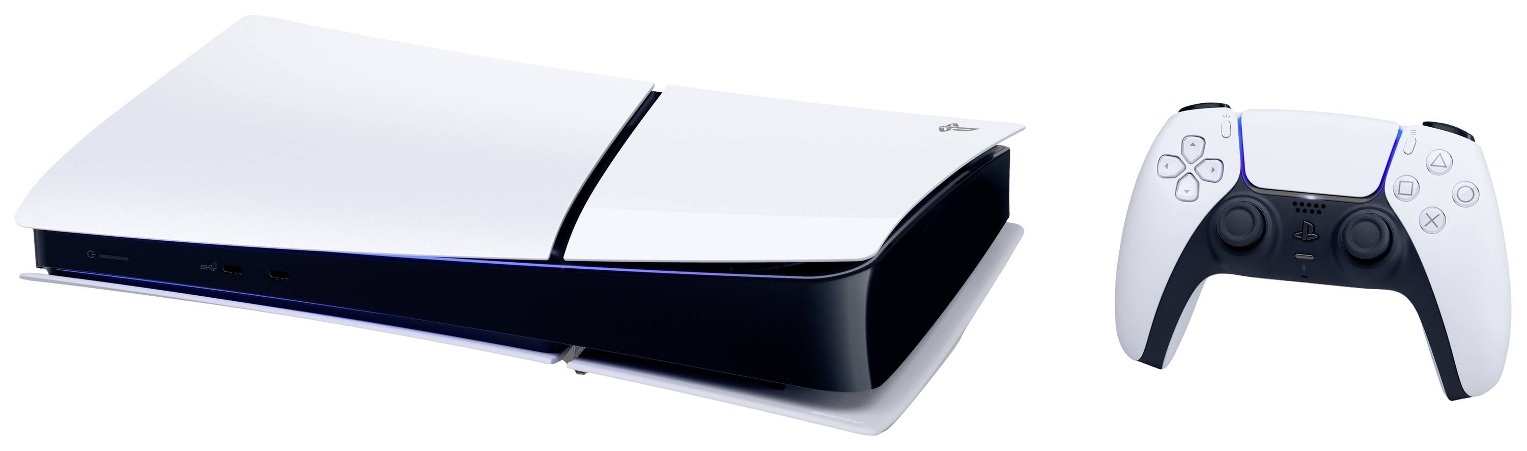 Eine weiße Spielekonsole mit schlankem Design und ein passender Controller.