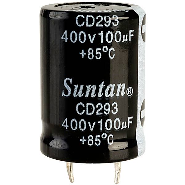 Ein schwarzer Elektrolytkondensator mit der Aufschrift: CD293, 400V 100µF, +85°C.