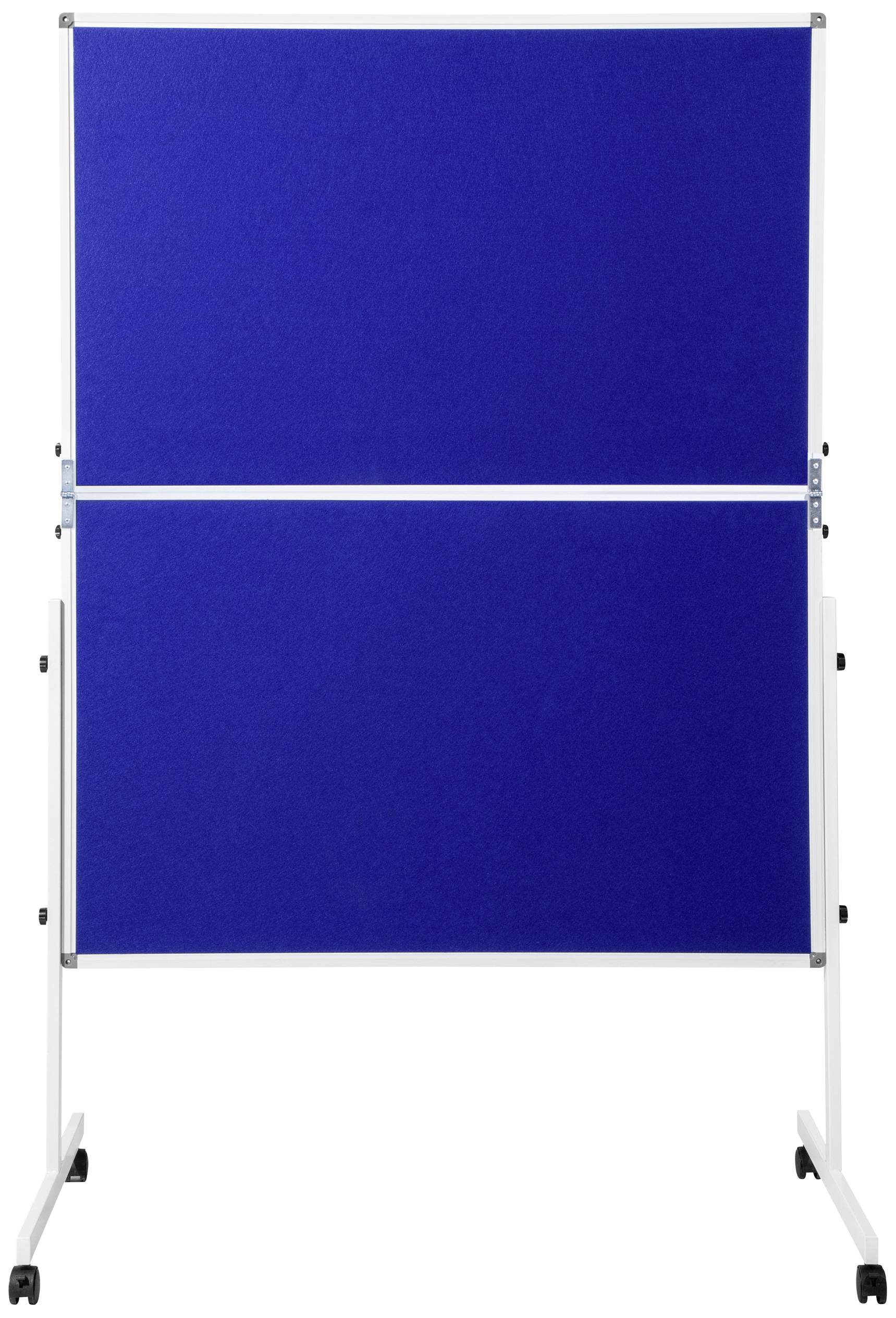 Blaue Pinnwand mit weißem Gestell auf Rollen, bereit zur Verwendung in Präsentationen oder für Notizen und Informationen.