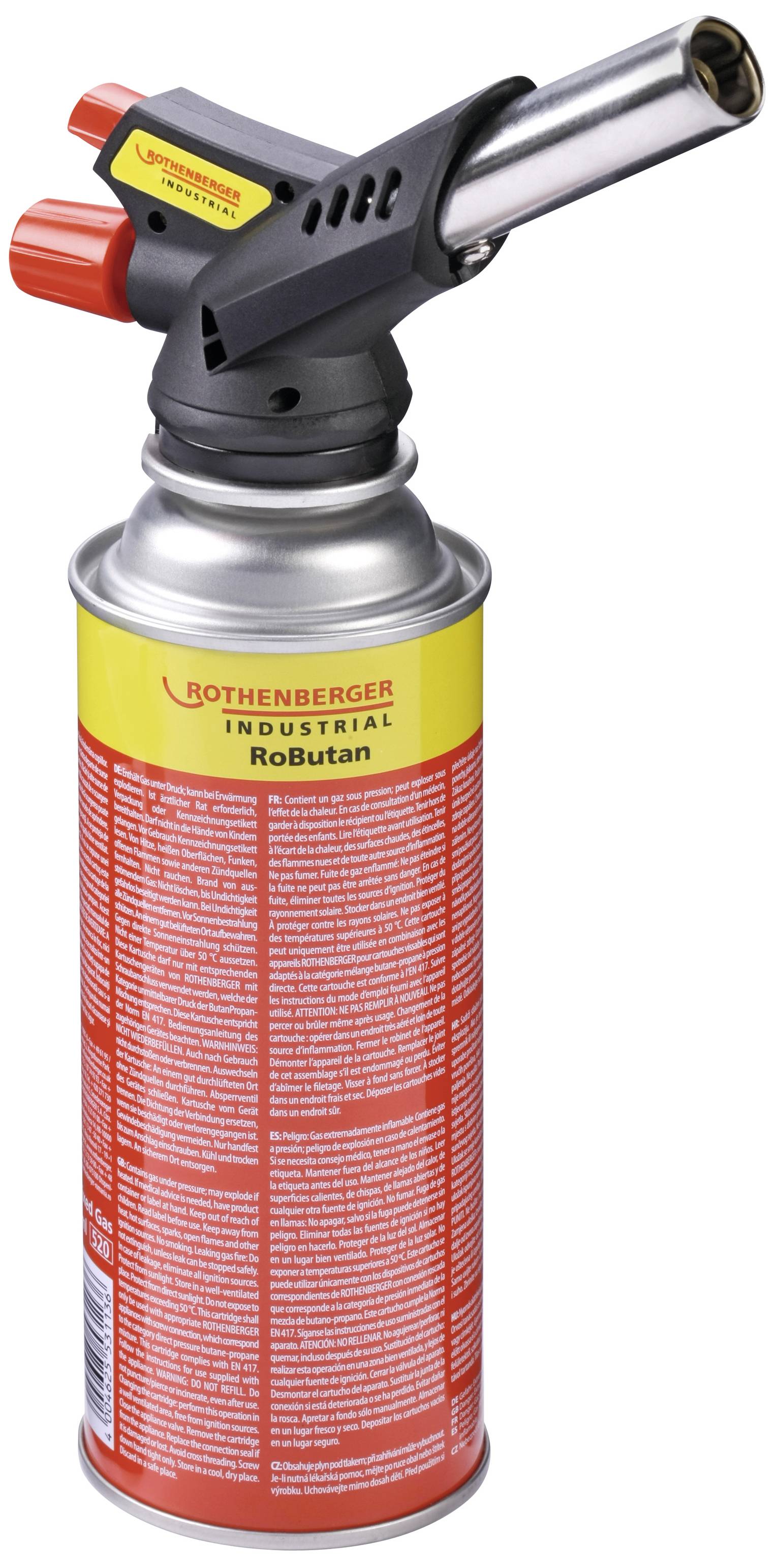 Eine rote Gaskartusche mit gelbem Etikett und Brenneraufsatz. Markenname 'Rothenberger Industrial RoButan'.