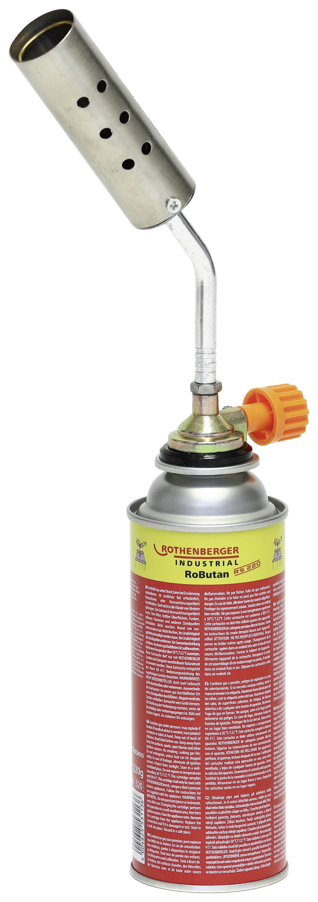 Gasbrenner auf einer Gaskartusche montiert, mit orangefarbenem Drehregler. Verwendet zum Löten und Erhitzen von Materialien.