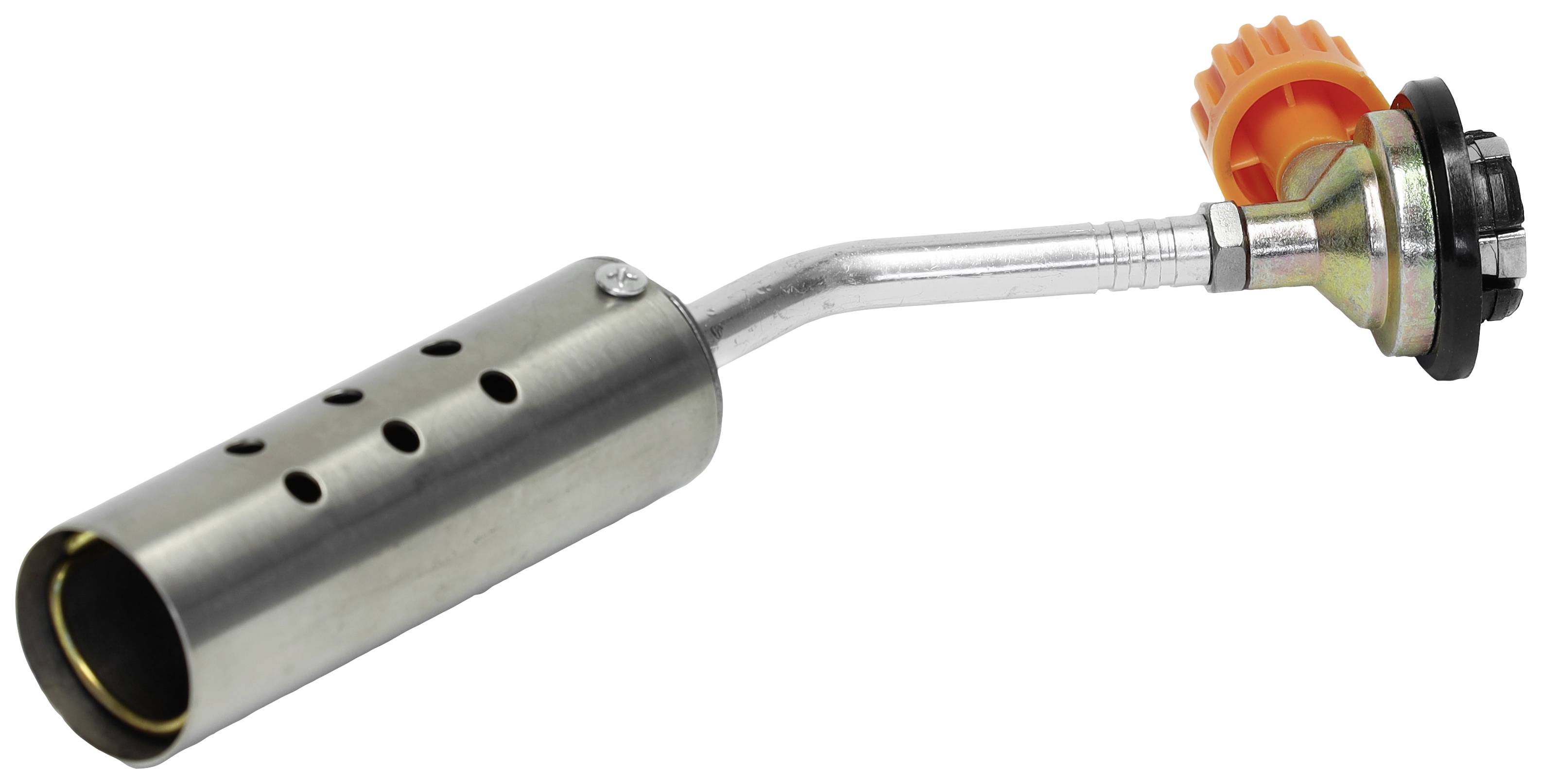 Gasbrenner mit Metallkörper, einem abgewinkelten Rohr, und orangefarbenem Regler. Verwendung zum Löten oder Anzünden.