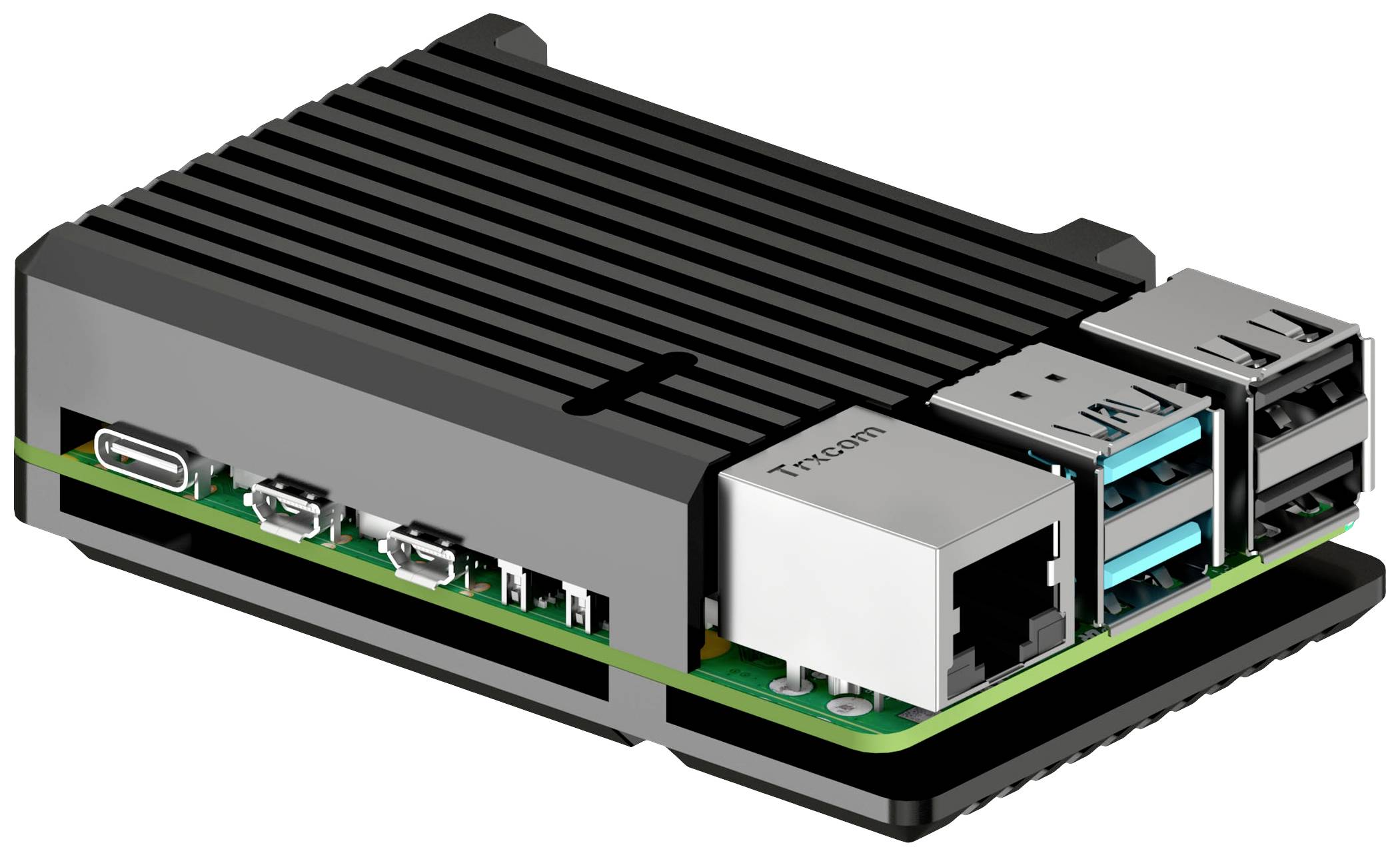 Ein kleiner Einplatinencomputer in einem schwarzen Gehäuse, mit mehreren USB-Anschlüssen und einem Ethernet-Port sichtbar.