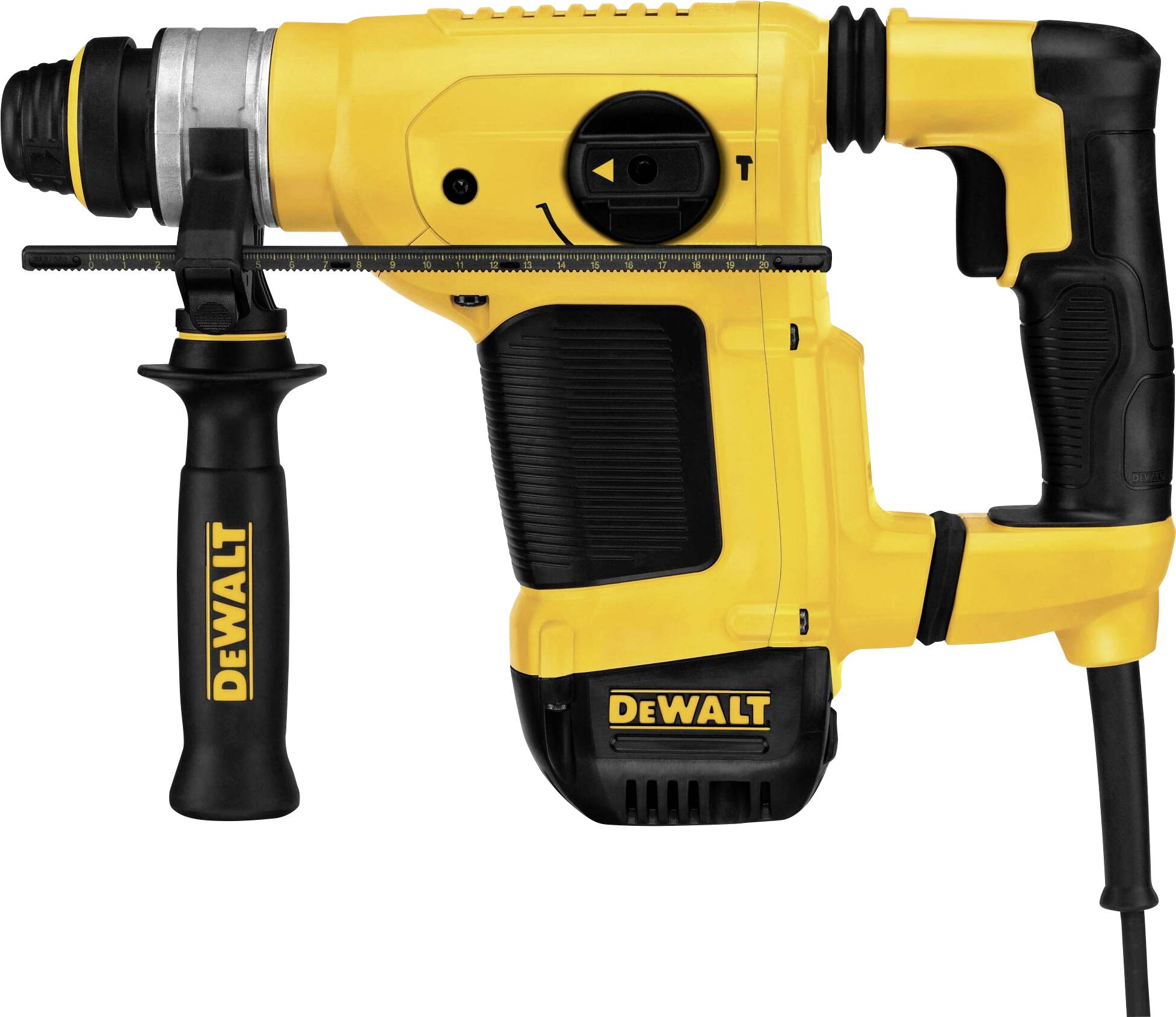 Gelber und schwarzer Bohrhammer mit seitlichem Griff und Kabel, Marke DeWalt.