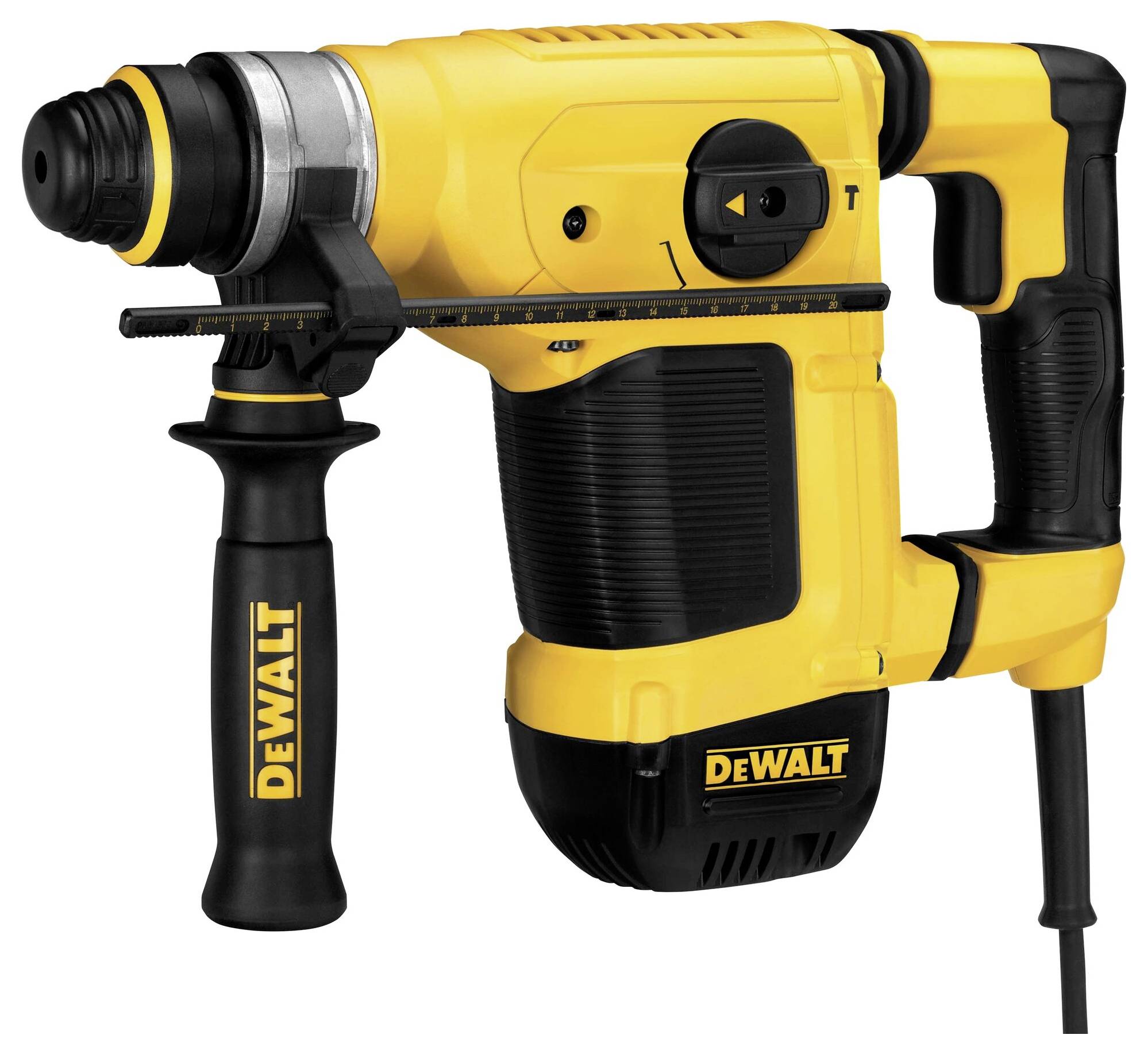 Gelber und schwarzer Bohrhammer von Dewalt mit einem seitlichen Griff. Ideal für schwere Bohrarbeiten in Beton und Mauerwerk.