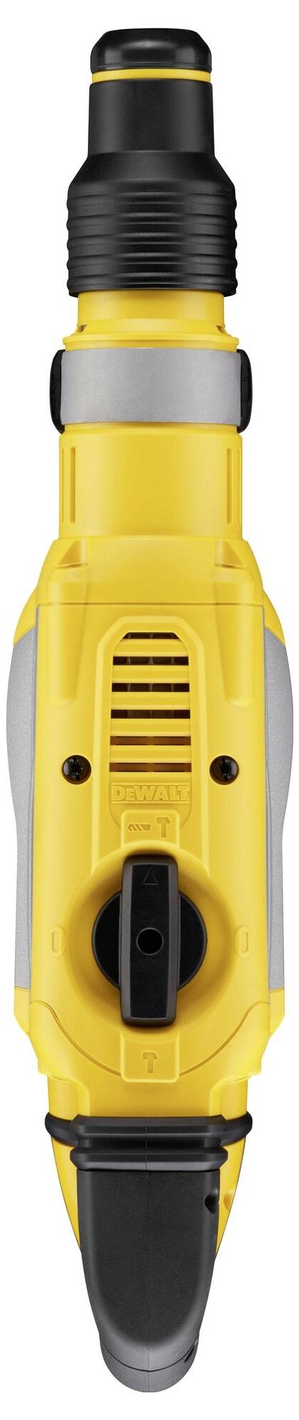 Ein gelber, handgehaltener Bohrhammer mit schwarzem Griff und Bedienelementen, von oben fotografiert.