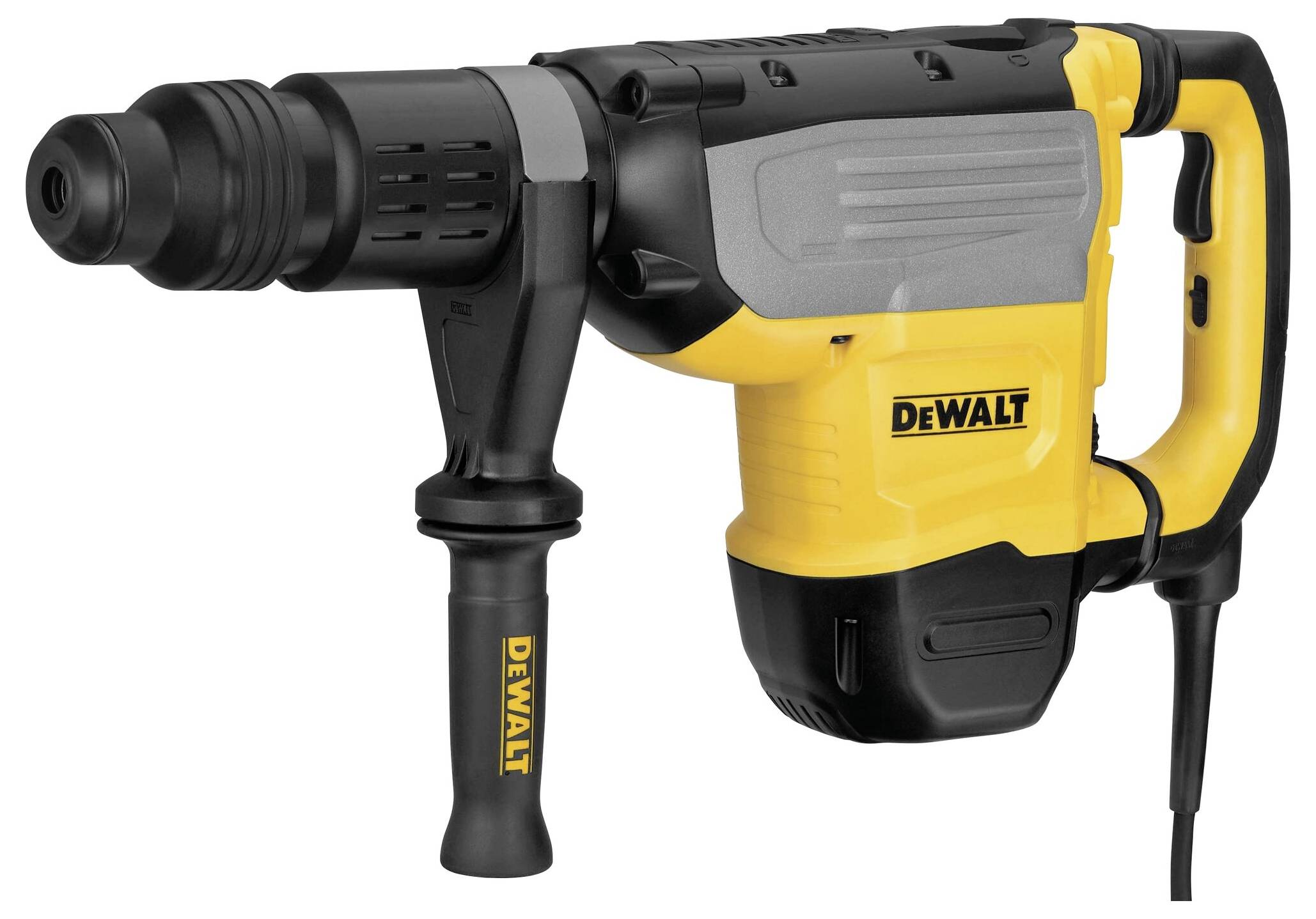 Gelber und schwarzer Bohrhammer von DeWalt, mit ergonomischem Griff, geeignet für schwere Bauarbeiten.