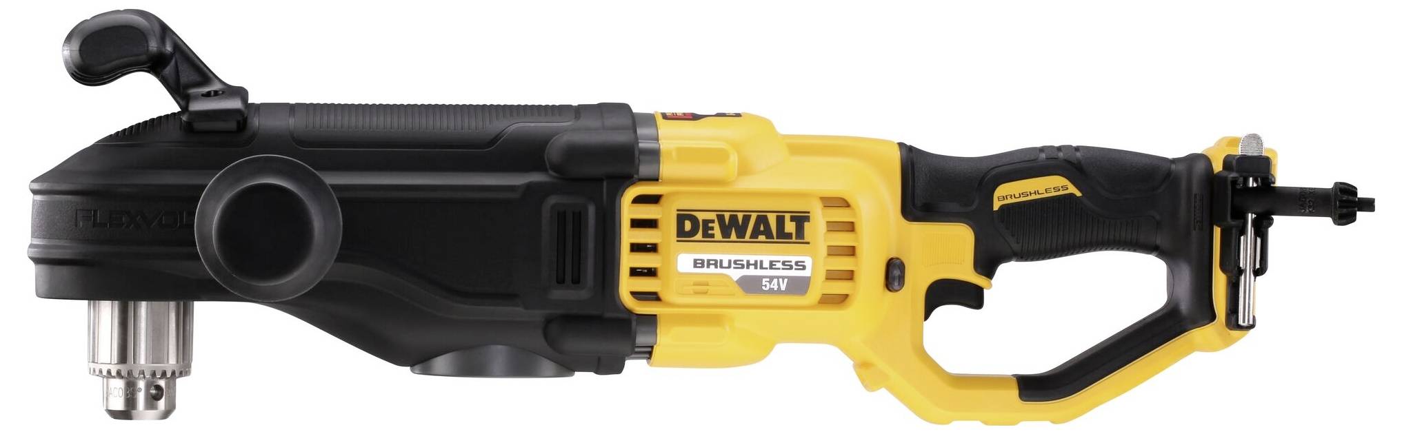 Akku-Winkelbohrmaschine in Gelb und Schwarz von DeWalt; bürstenloser Motor, ergonomisches Design mit Griff und Seitengriff für Präzisionsarbeiten.