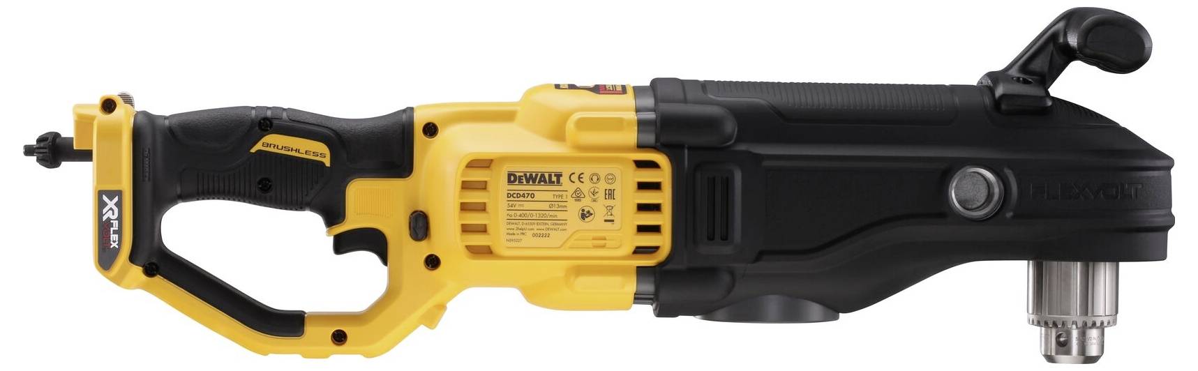 Ein gelber und schwarzer, akkubetriebener Winkelschrauber mit ergonomischem Griff und Schnellspannbohrfutter, seitlich dargestellt.