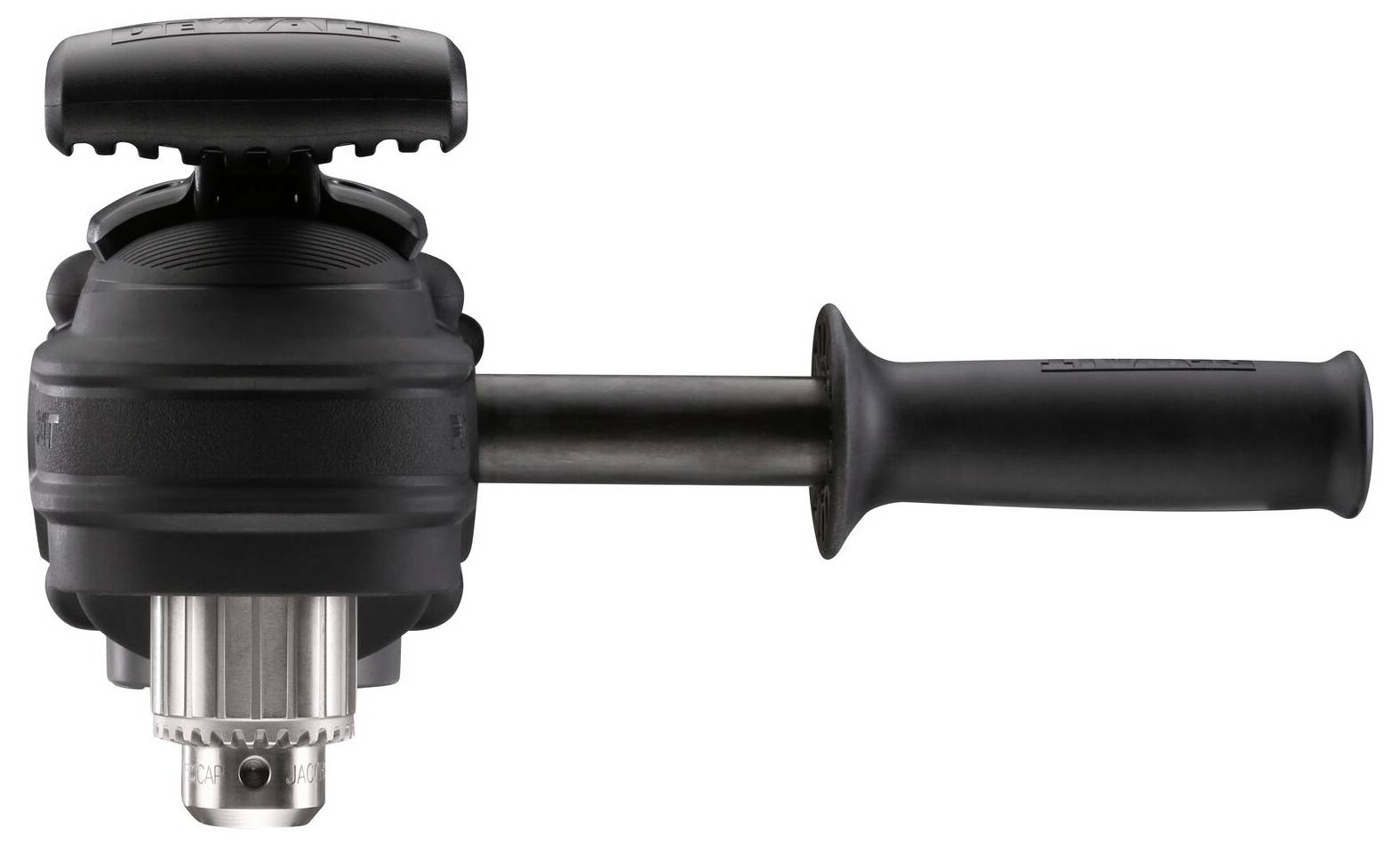 Ein elektrischer Bohrhammer mit seitlichem Griff und Metallbohrfutter, hauptsächlich in Schwarz gehalten.