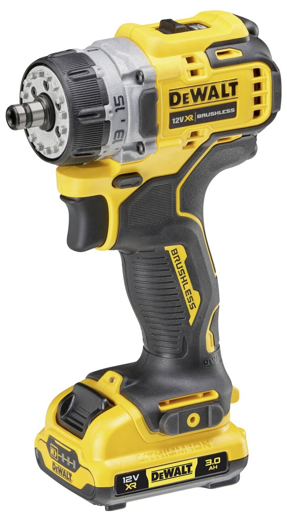 Ein gelber und schwarzer Akkuschlagschrauber mit ergonomischem Griff. Die Marke 'DeWALT' ist sichtbar auf dem Gerät aufgedruckt.