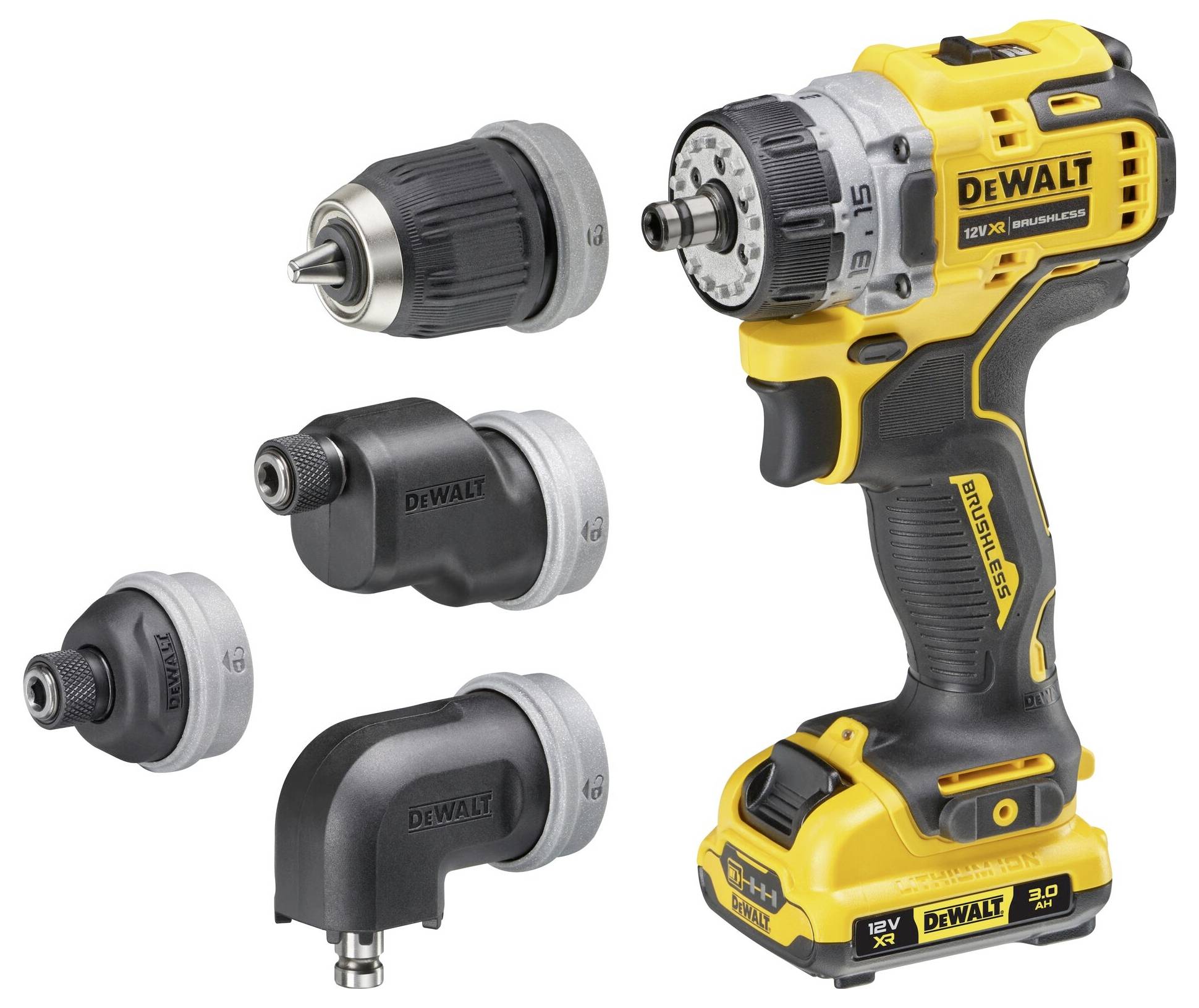 Akkubohrschrauber mit gelbem Gehäuse, vier austauschbare Aufsätze für unterschiedliche Anwendungen.