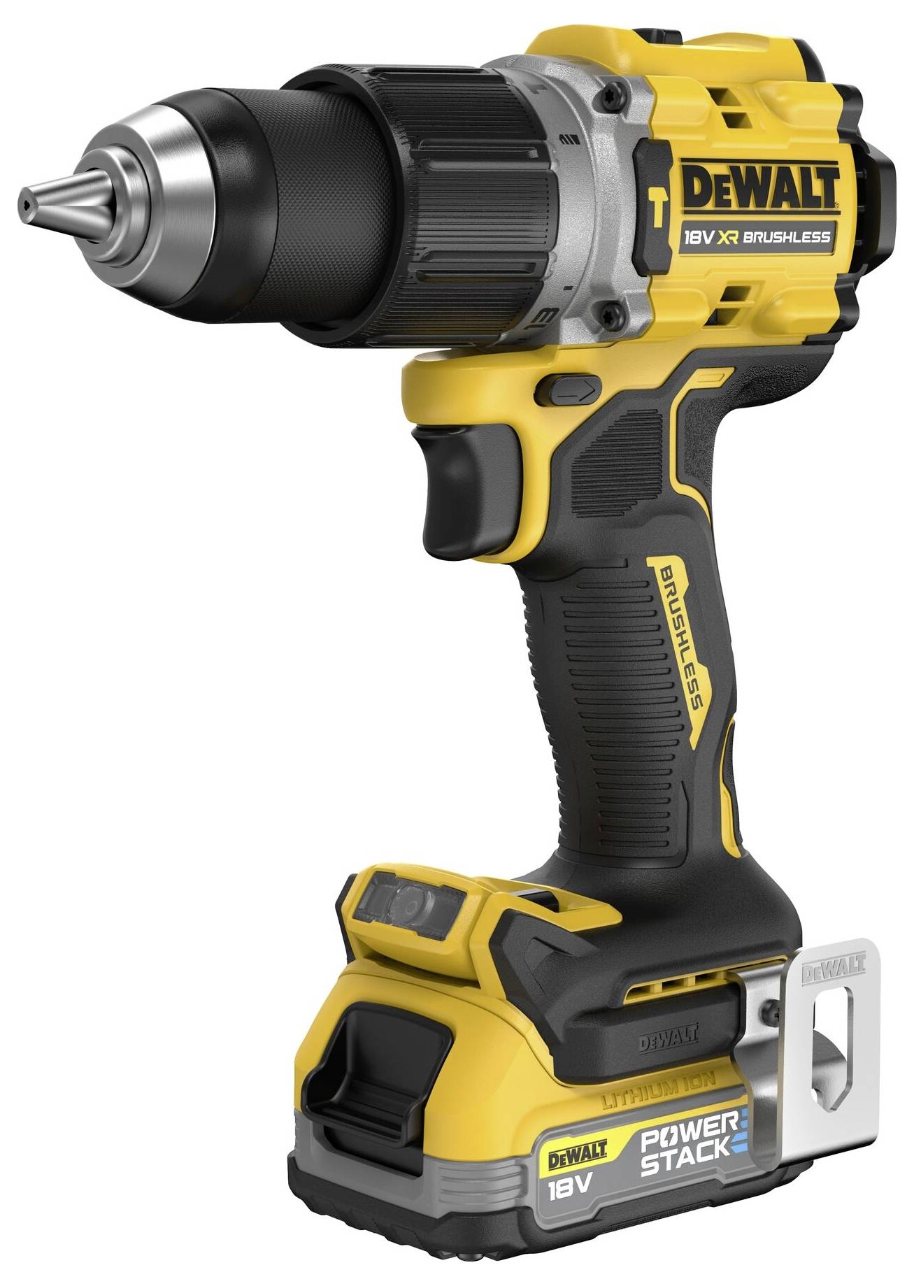 Akkuschrauber der Marke DEWALT mit Modellangabe und Akku, in gelb-schwarzem Design, auf weißem Hintergrund.