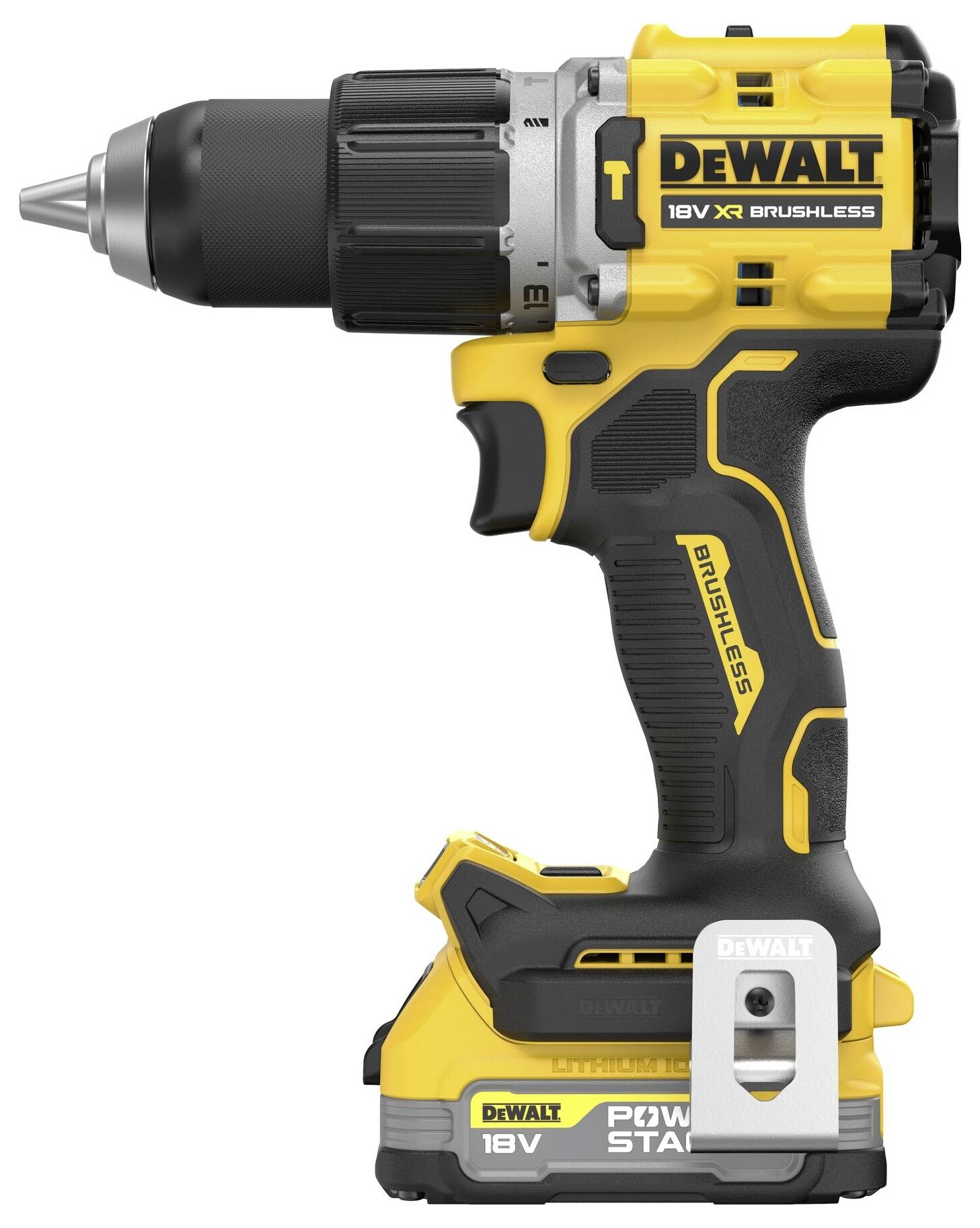 Ein gelber Akkuschrauber der Marke DEWALT mit einem schwarzen Griff. Aufschrift '18V XR Brushless', geeignet für Heimwerkerarbeiten.