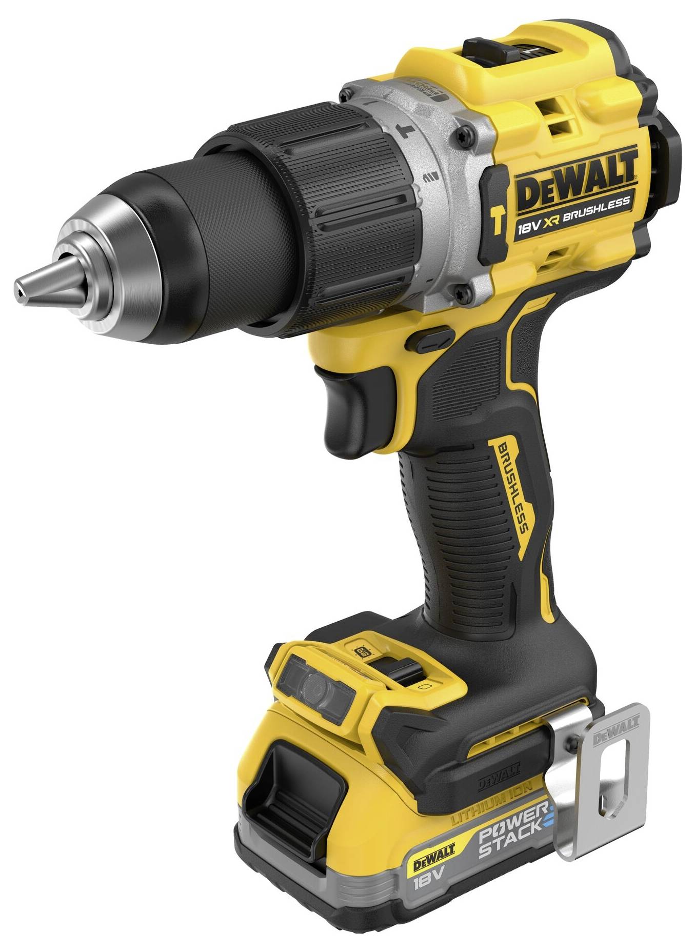 Ein gelber kabelloser Bohrschrauber von DeWalt mit 18 V Batterieanzeige, drehbarem Kopf und ergonomischem Griff.
