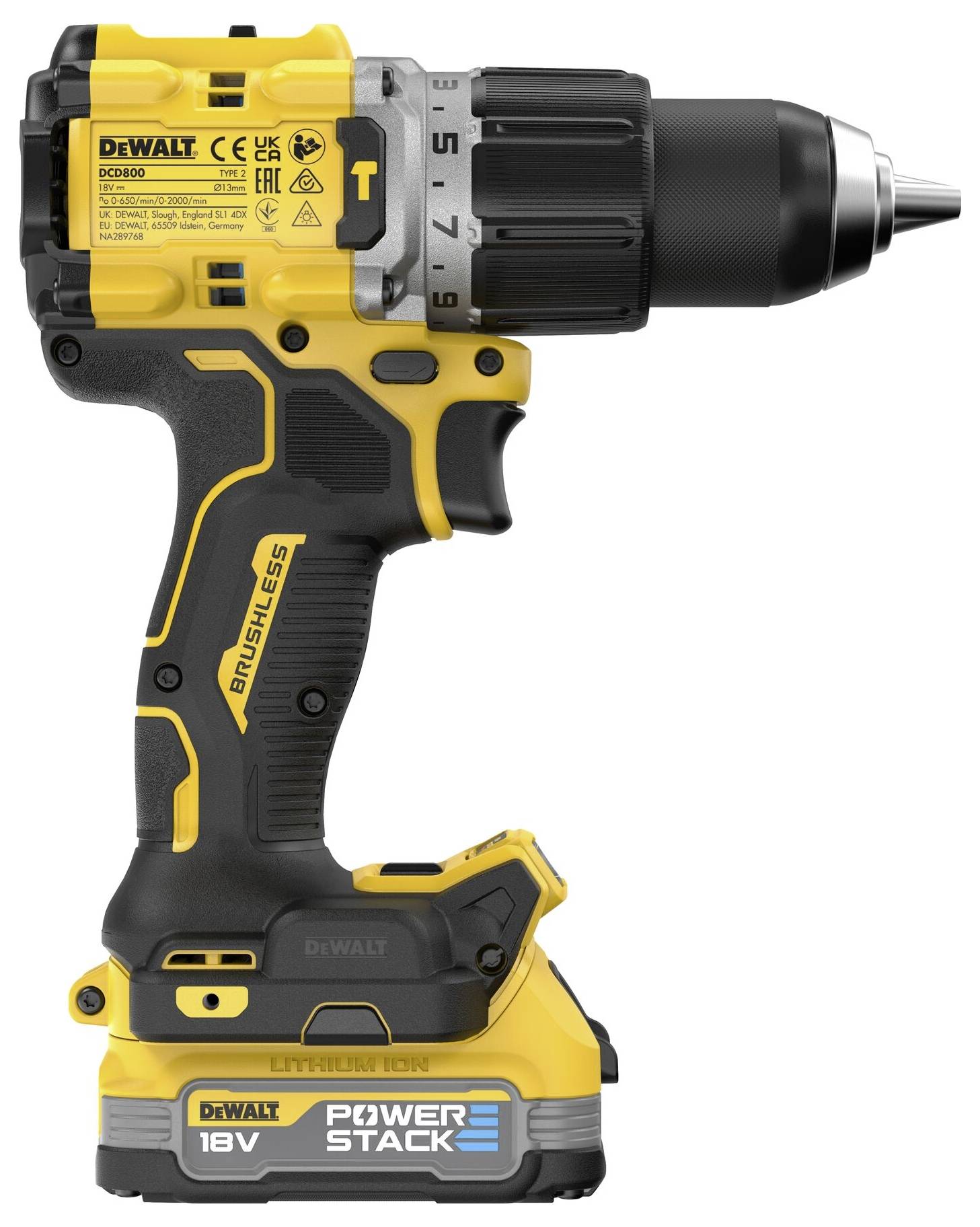 Ein gelber Akku-Bohrschrauber mit schwarzem Griff und silbernem Bohrkopf, Modell 'DeWalt 18V'.