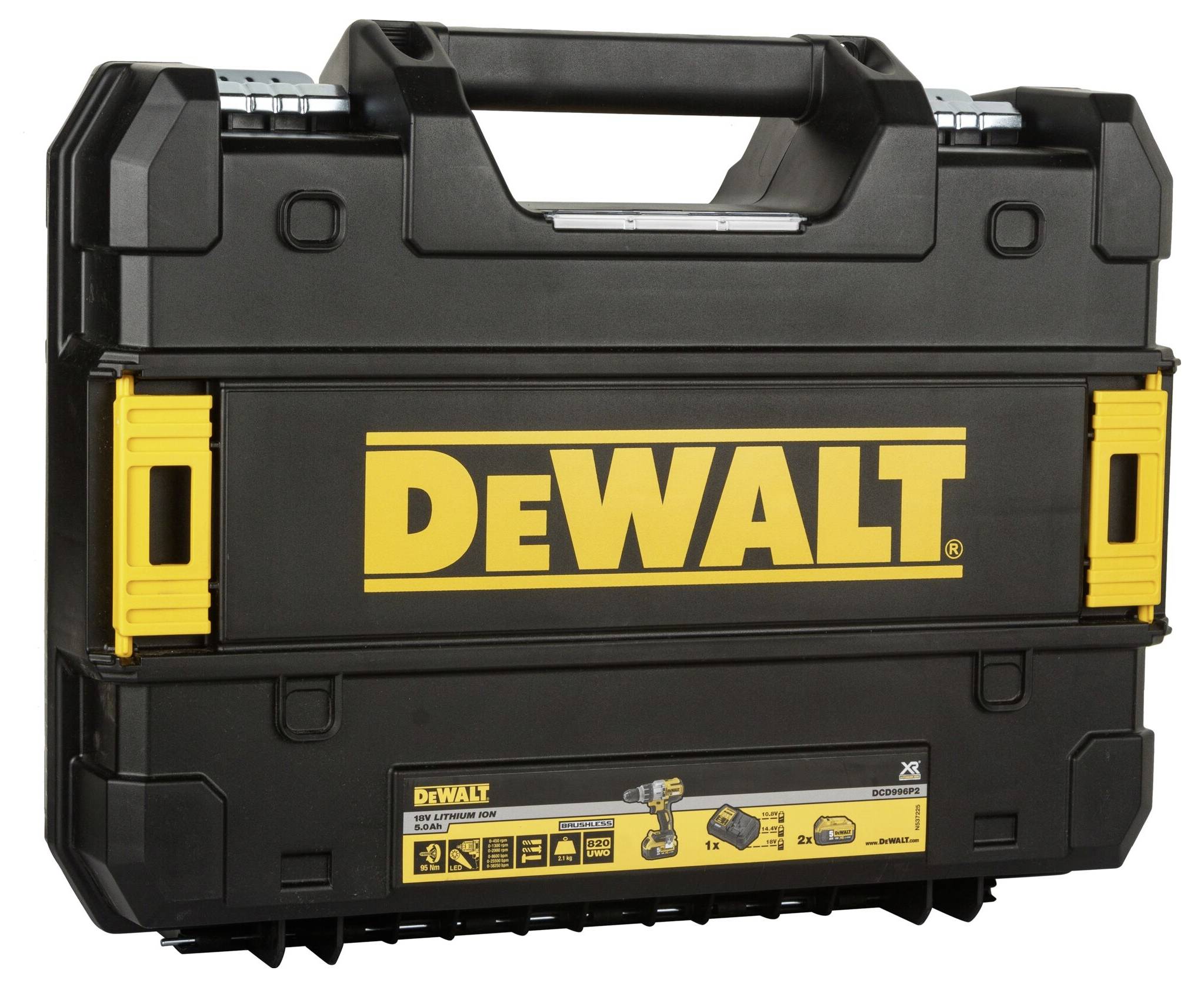 Ein schwarzer Werkzeugkoffer mit gelbem 'DeWALT'-Logo.