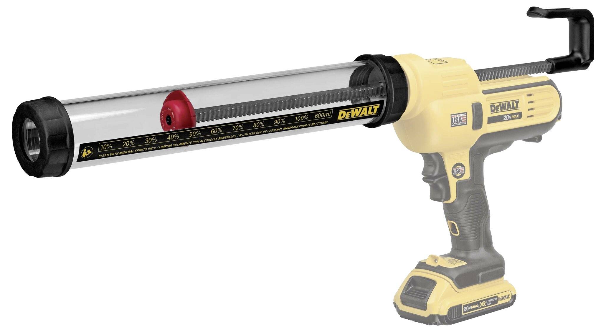 Leerer Industrieller Akku-Klebstoffapplikator mit sichtbarem Zahnstangenmechanismus und Griff. Markenlogo und Skala auf dem Rohr.