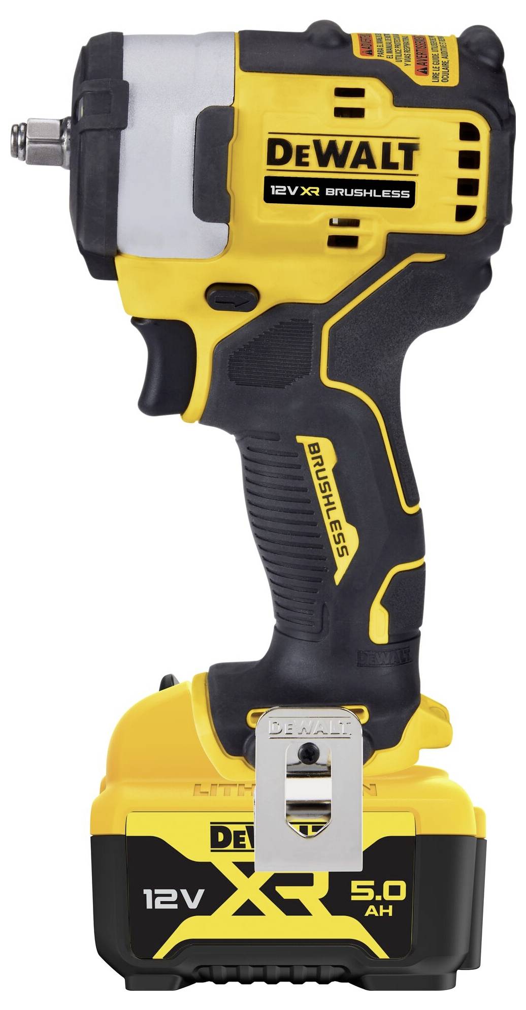 Akku-Schlagschrauber von DeWalt, 12V, bürstenloser Motor, gelb-schwarzes Design, ergonomischer Griff, Modell für effizientes Arbeiten.