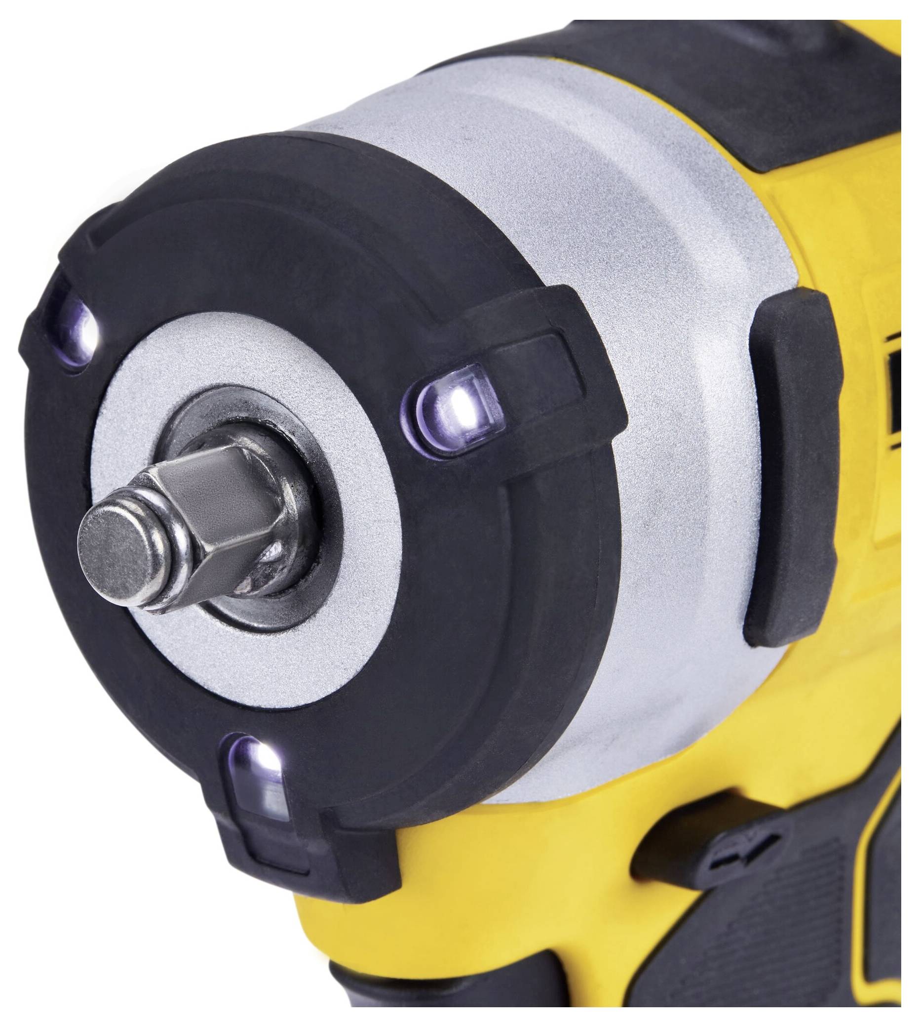 Akkuschlagschrauber mit beleuchtetem Kopf, schwarzer und gelber Griff.