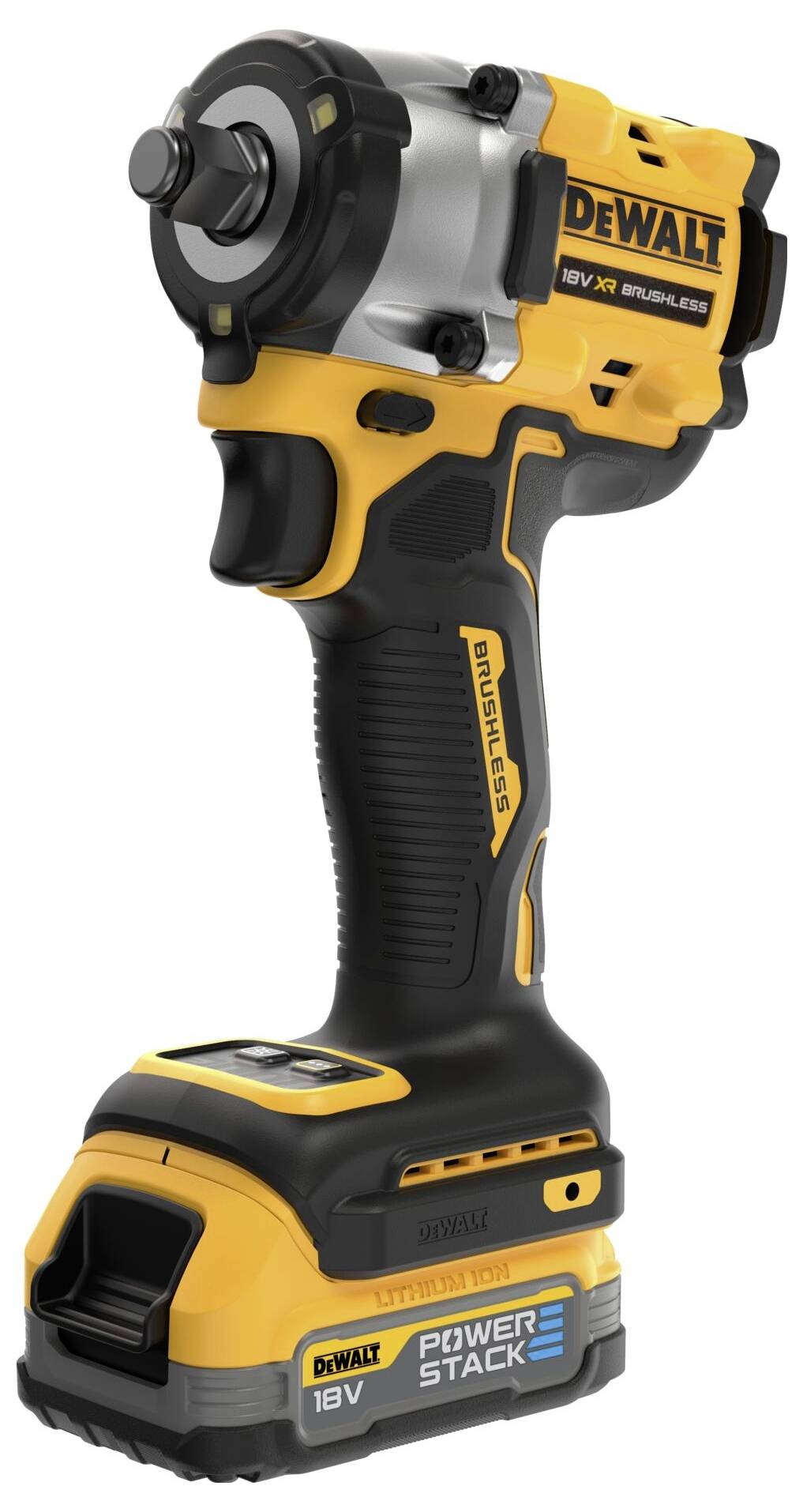 Akkuschlagschrauber mit gelbem und schwarzem Gehäuse, gebrandet mit 'Dewalt', Vorderansicht. Geeignet für handwerkliche Arbeiten.