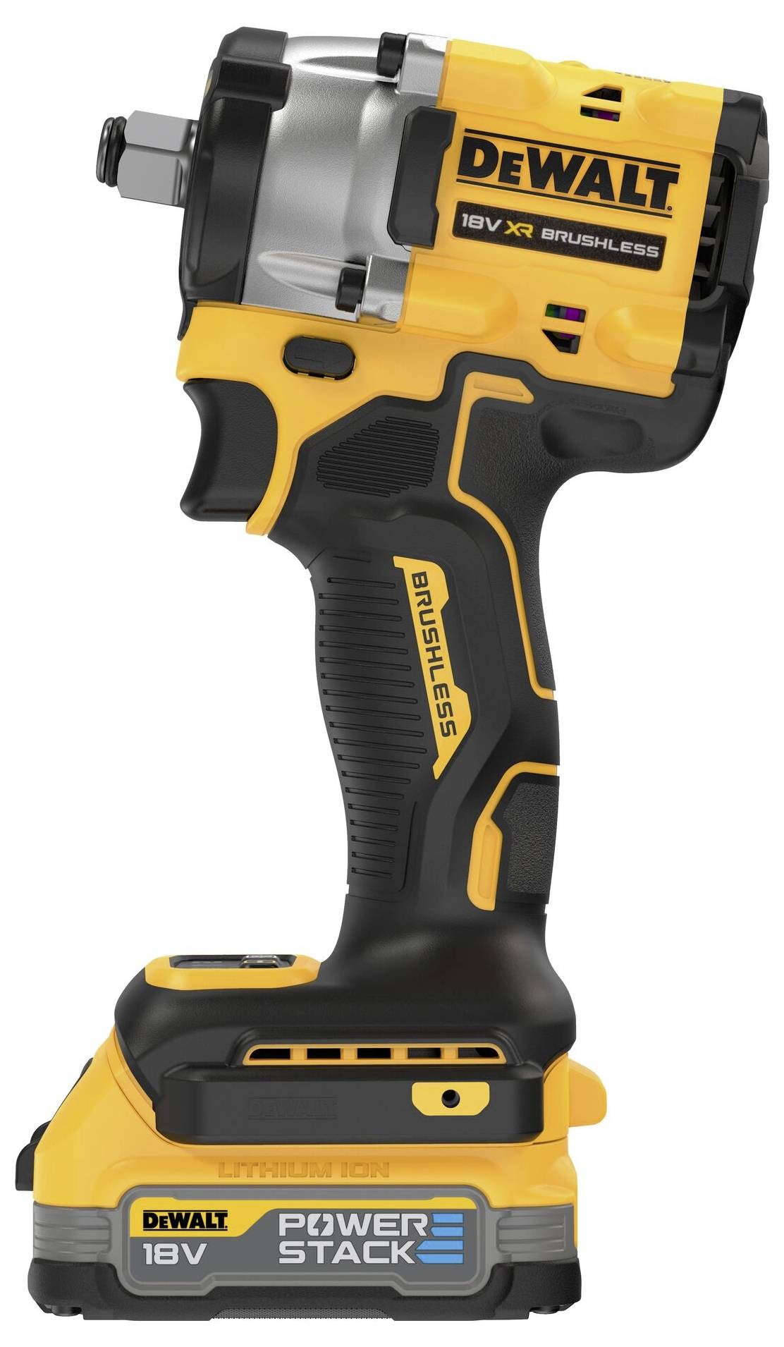 Ein gelber und schwarzer Akkuschlagschrauber der Marke DeWalt, Modell 18V XR, mit einem PowerStack-Akku, abgebildet von der Seite.